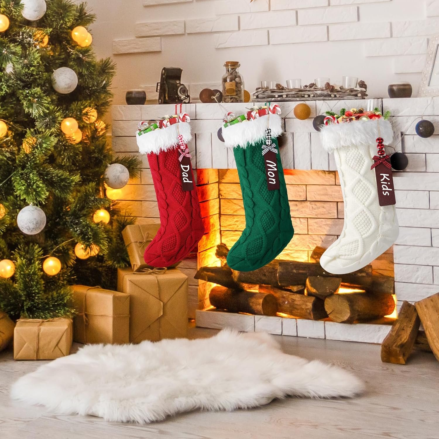 tgosomt 6 Pack Christmas Stockings, 20 Inches Large Knitted Stocking with Personalized Name Tags, Hanging Stockings for Kids, Xmas Stocking Stuffers, Ivory White, Burgundy & Green - Image 3