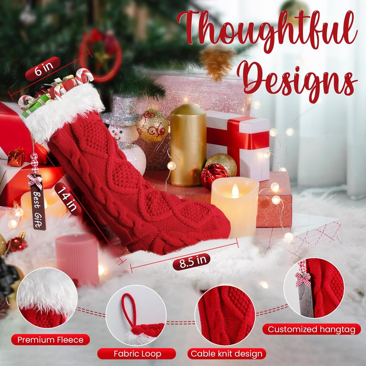 tgosomt 6 Pack Christmas Stockings, 20 Inches Large Knitted Stocking with Personalized Name Tags, Hanging Stockings for Kids, Xmas Stocking Stuffers, Ivory White, Burgundy & Green - Image 4