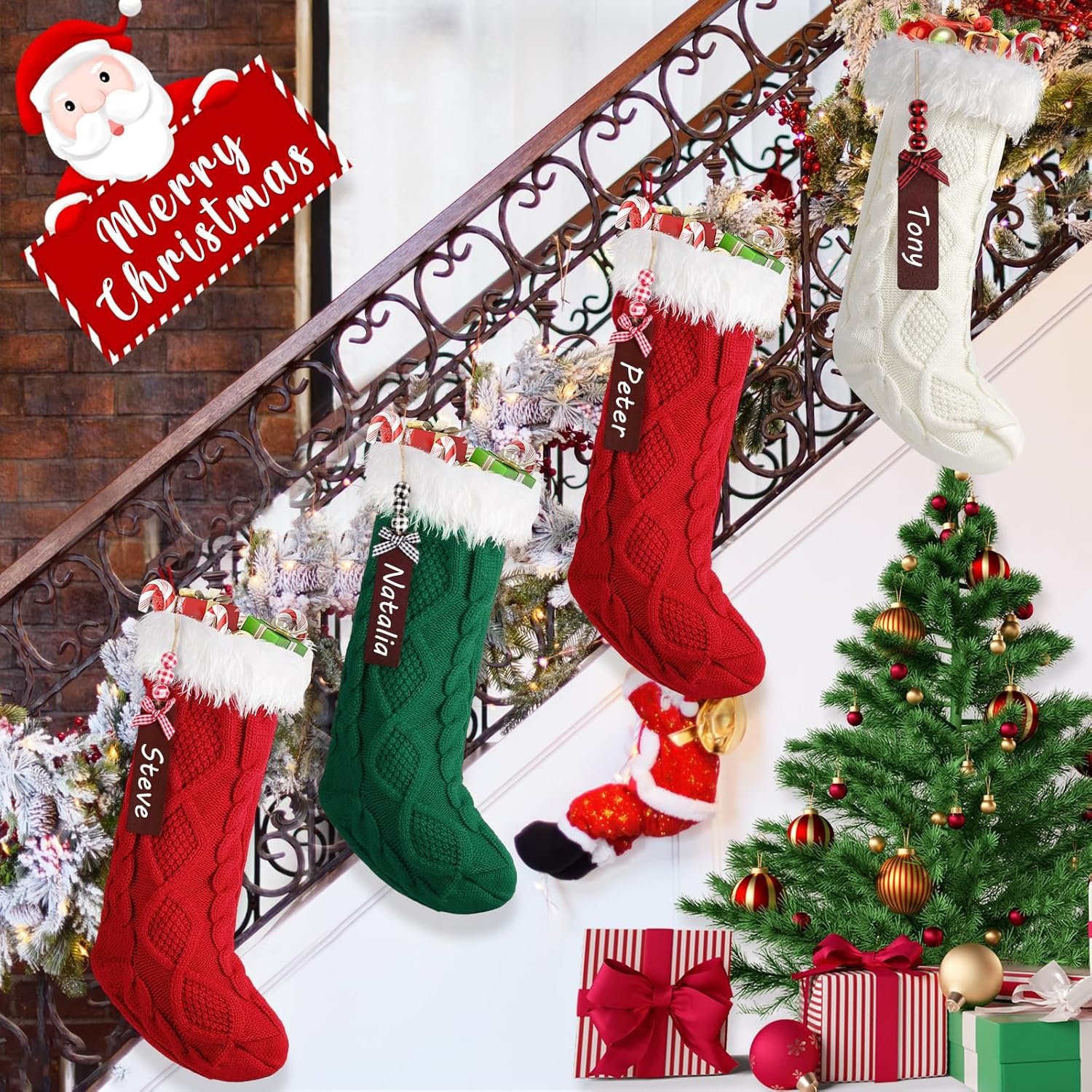 tgosomt 6 Pack Christmas Stockings, 20 Inches Large Knitted Stocking with Personalized Name Tags, Hanging Stockings for Kids, Xmas Stocking Stuffers, Ivory White, Burgundy & Green - Image 5