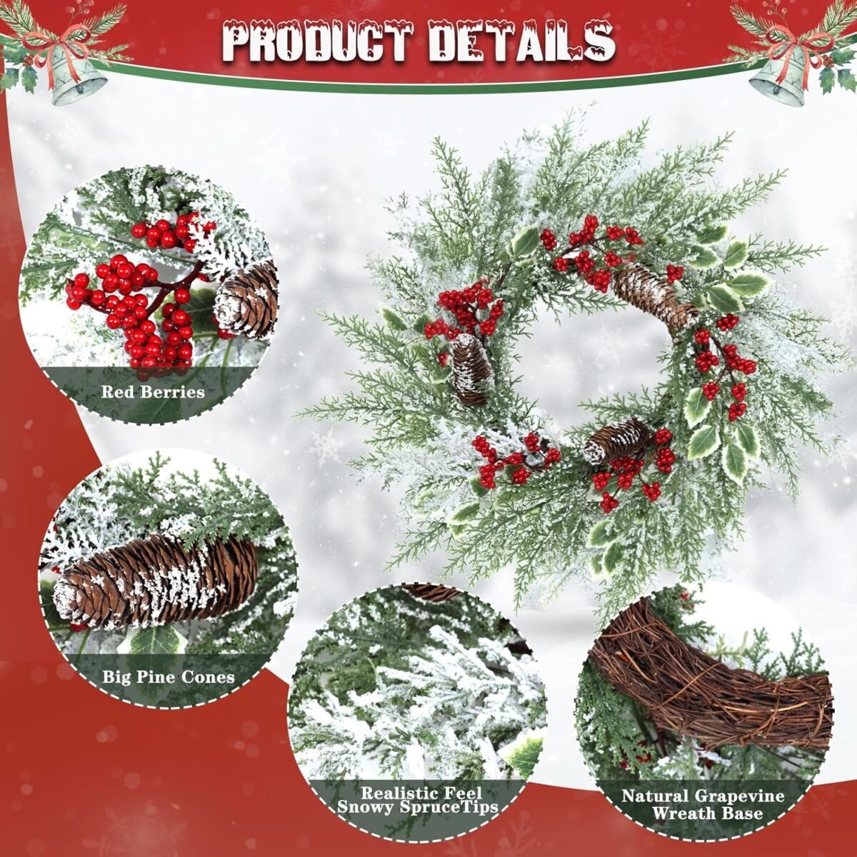 18 Inch Christmas Wreath with Pine Cones and Berries - For Front Door, Window, Wall, Party Decor - Image 5