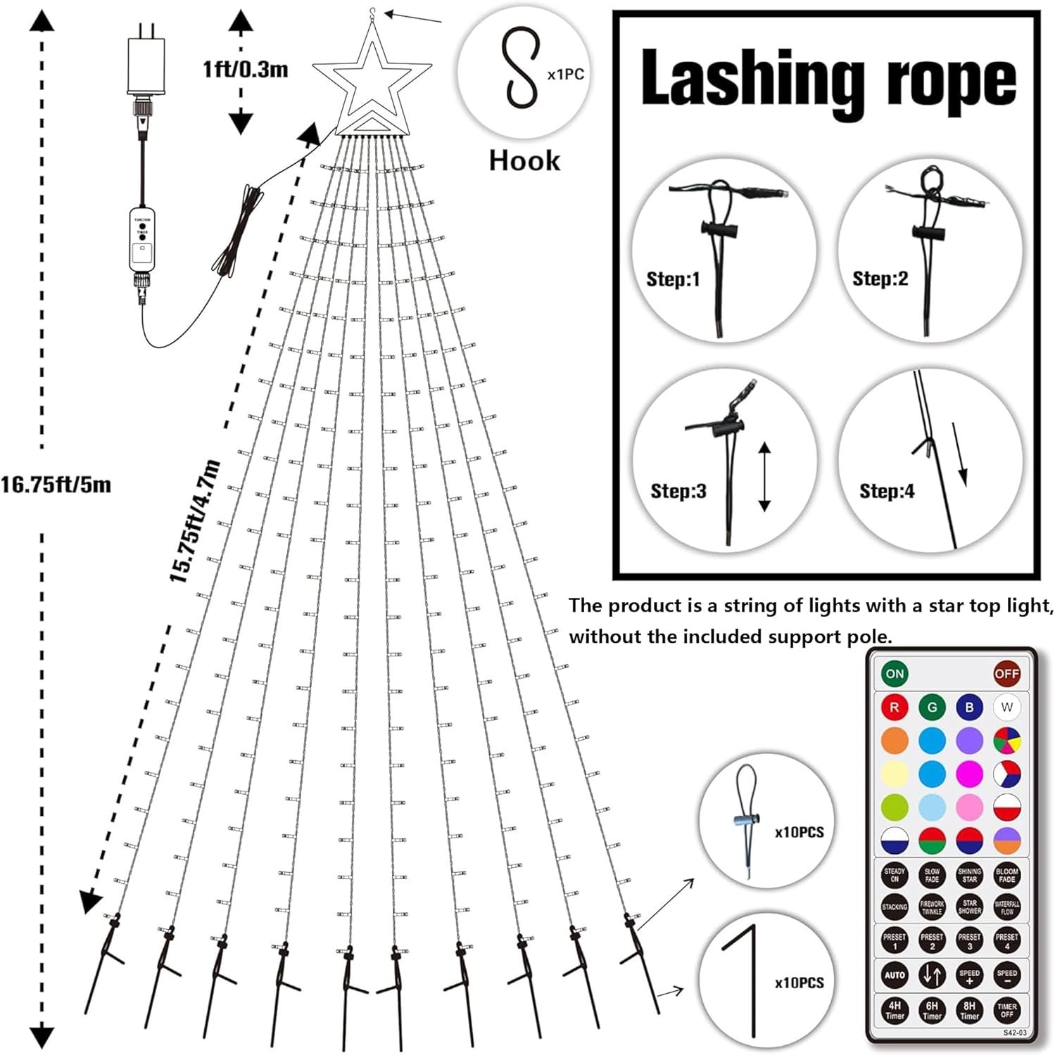 Joomer Christmas Tree Star Lights, 16.4FT Height 504LED Color Change RGB Lights with Remote Timer, Waterproof for Outdoor Christmas Decoration - Image 7