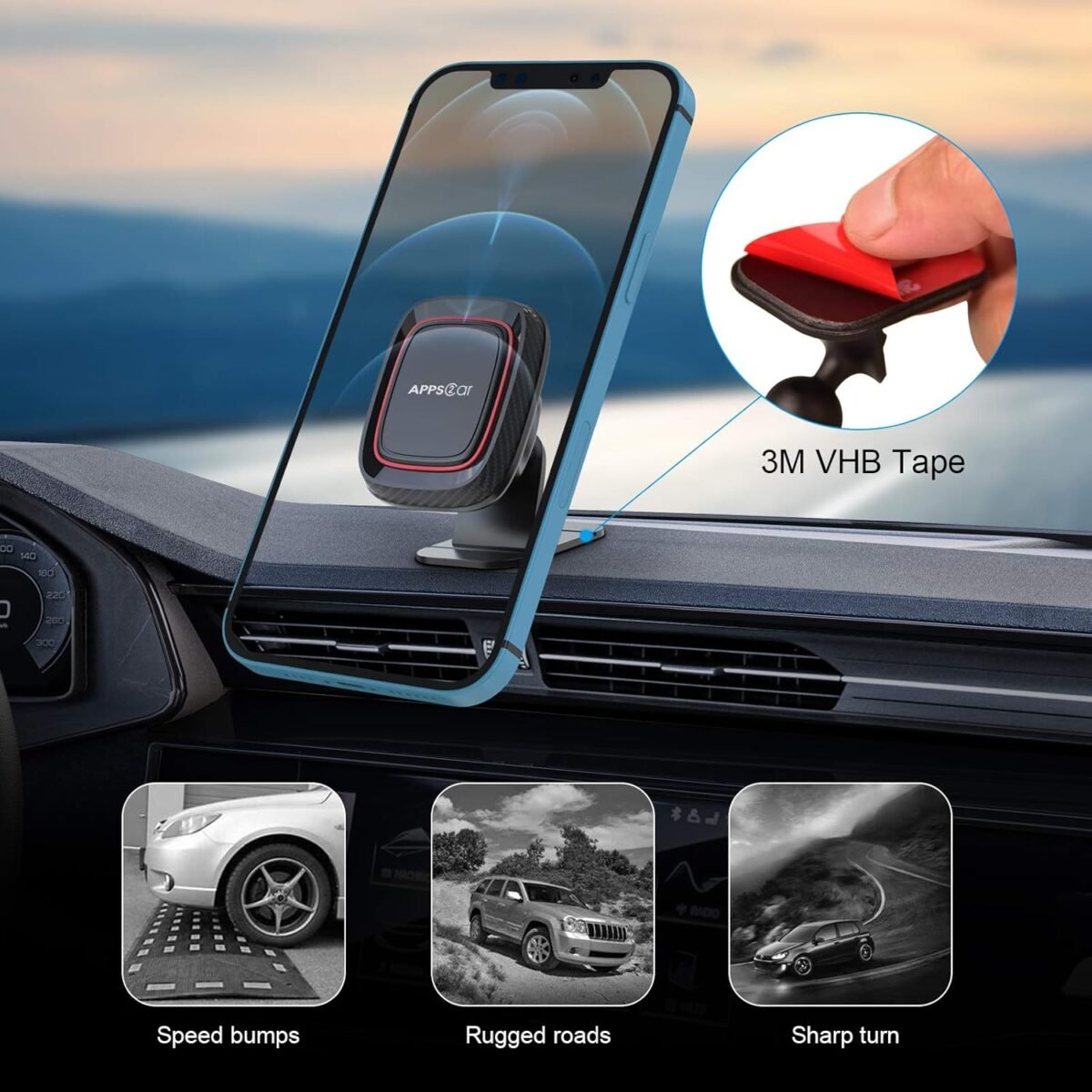 APPS2Car Magnetic Phone Holder for Car, Dashboard Magnetic Car Mount, 360° Rotation Magnet Phone Mount with Strong VHB Adhesive, for All Cell Phones - Image 3