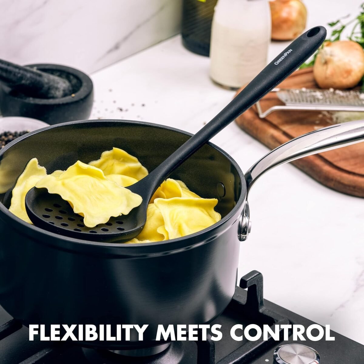 GreenPan 5 Piece Cooking Utensil Set, Flexible Nonstick Silicone, Stain-Free, Tongs, Turner, Spatula, Skimmer, and Slotted Spoon, Black - Image 9