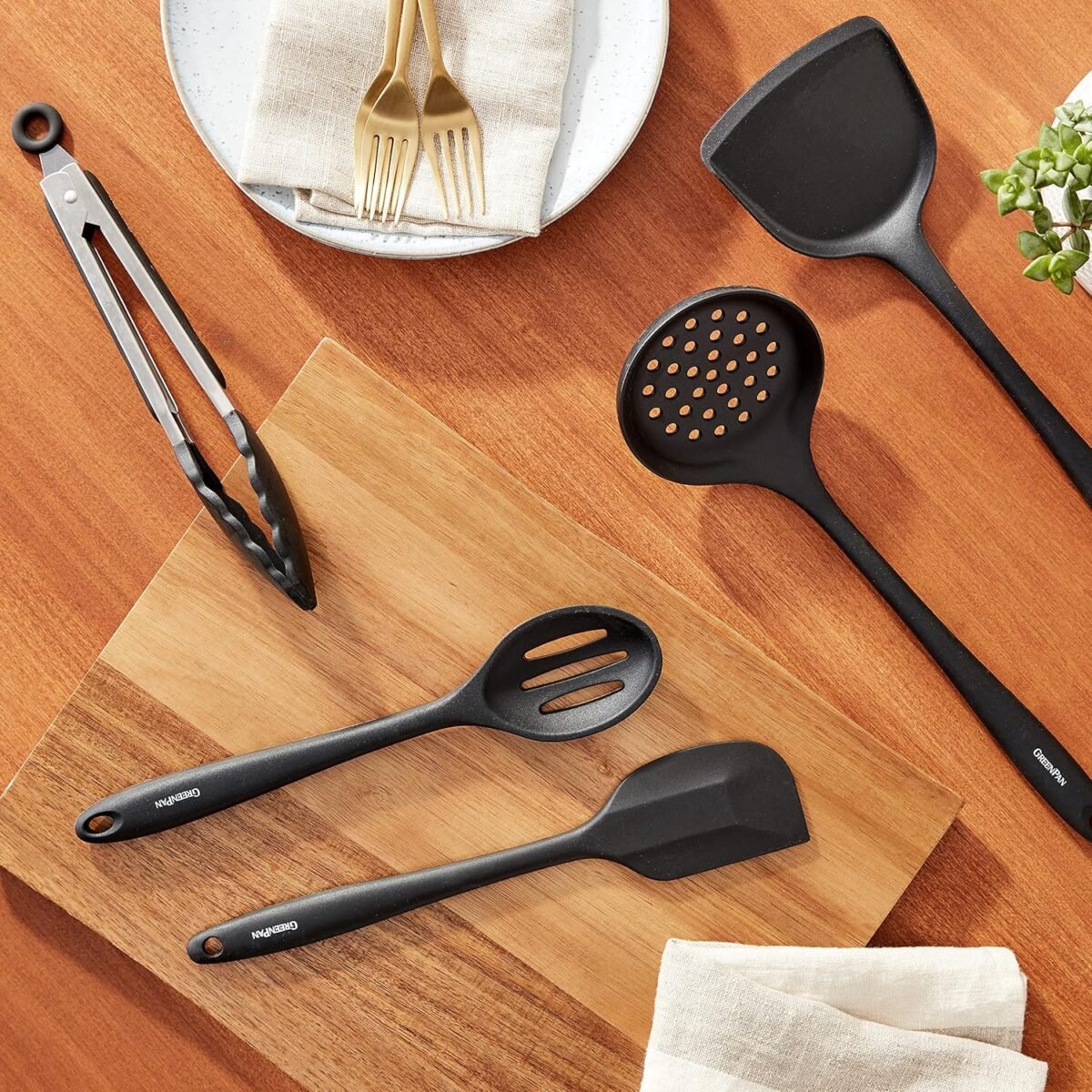 GreenPan 5 Piece Cooking Utensil Set, Flexible Nonstick Silicone, Stain-Free, Tongs, Turner, Spatula, Skimmer, and Slotted Spoon, Black - Image 12