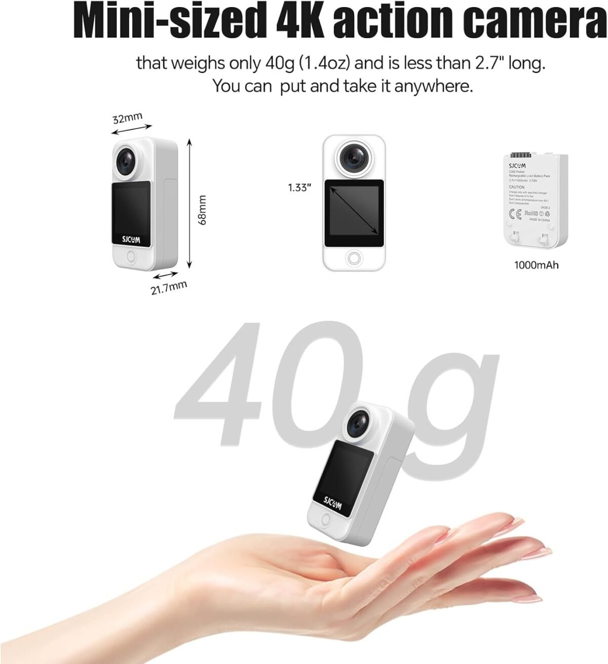 SJCAM C300 Pocket Action Camera,4K Body Camera, Auto Screen Off, Stabilization, Waterproof, Small Wearable, Mini POV Camera, Removable Dual Battery, Touch Screen, with Helmet Mount Kits, White - Image 3