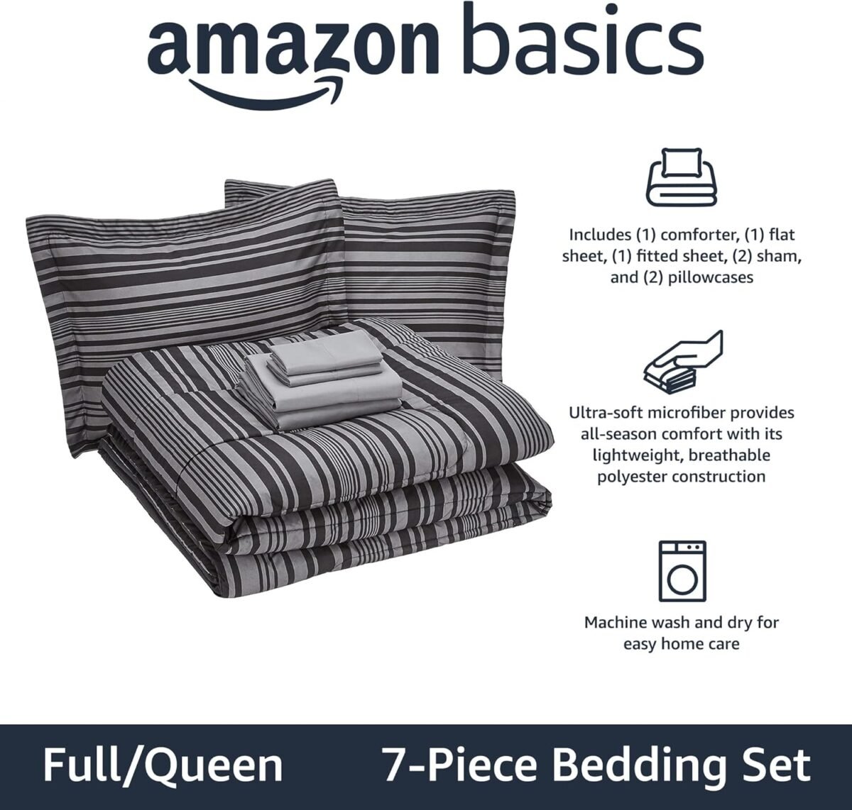 Amazon Basics Full/Queen Comforter Set with Sheets, 7-Piece Gray Calvin Stripe Bedding, Lightweight Microfiber Bed-in-a-Bag, Striped - Image 3