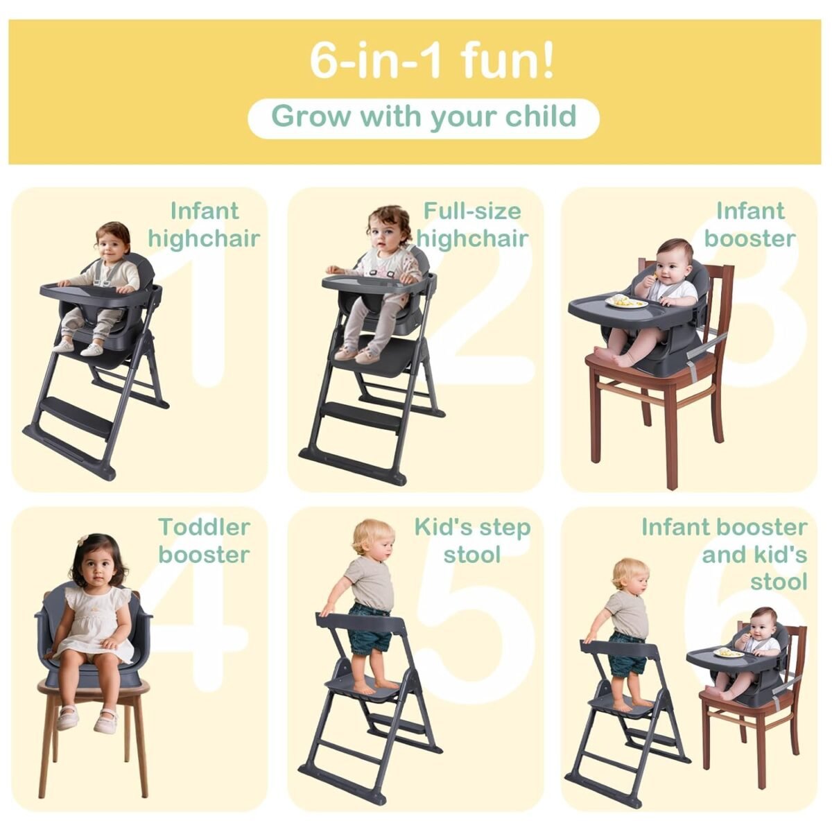 6-in-1 Baby High Chair, Convertible Highchair for Babies to Toddlers, Step Stool for Dining Time, Foldable & Easy Clean, Space-Saving Design, Adjustable, Navy Blue - Image 3