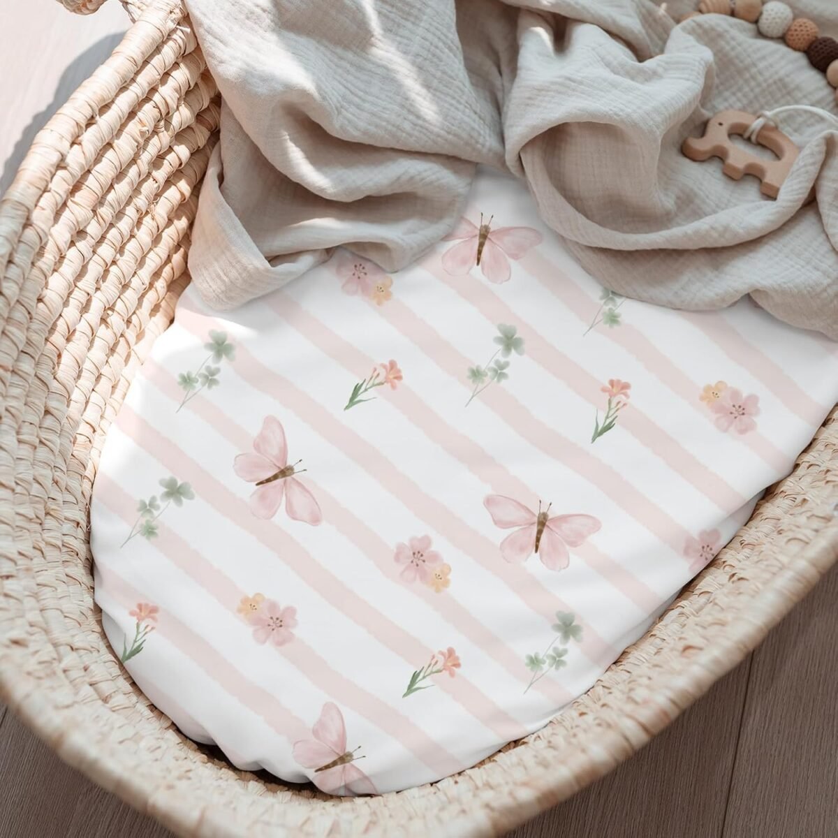 3-Pack Organic Bassinet Sheets for Girls Stretch, Soft Cozy Fitted Bassinet Mattress Sheet (32" x 16") Universal Fit for Hourglass, Oval, & Rectangle Mattresses Pink Butterfly - Image 8