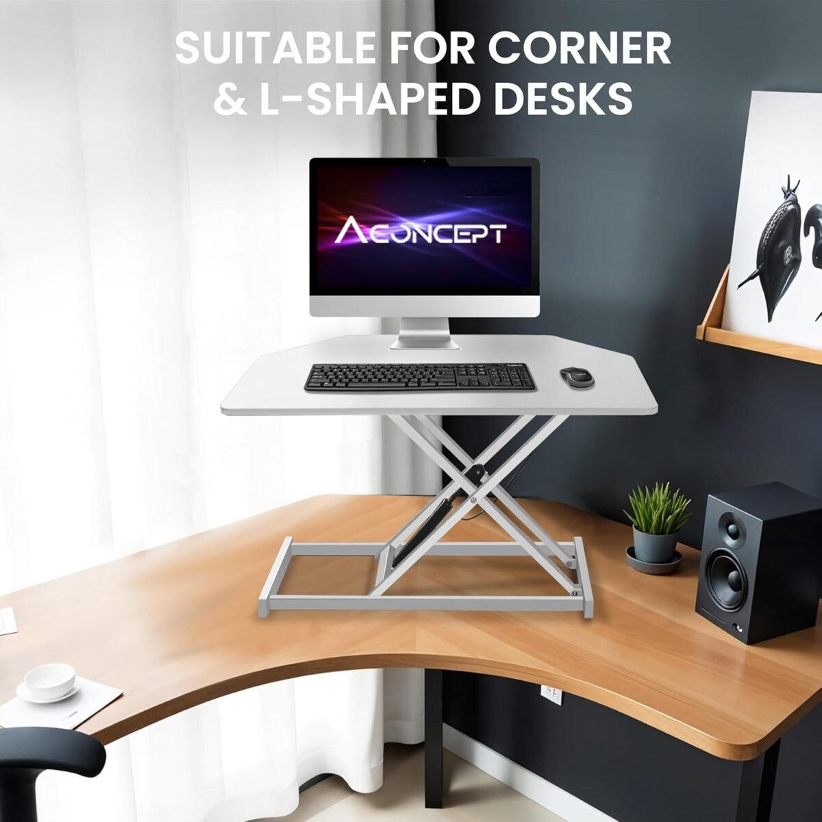 32 inch White Corner Height Adjustable Standing Desk Converter, One-Click Sit to Stand up Desk Riser, Pre-Assembled Dual Monitor and Laptop Workstation - Image 4
