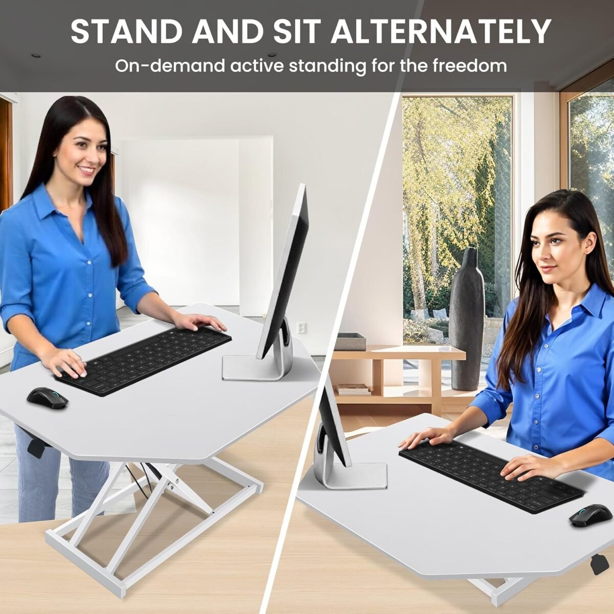 32 inch White Corner Height Adjustable Standing Desk Converter, One-Click Sit to Stand up Desk Riser, Pre-Assembled Dual Monitor and Laptop Workstation - Image 5