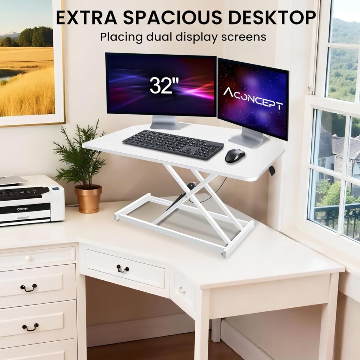32 inch White Corner Height Adjustable Standing Desk Converter, One-Click Sit to Stand up Desk Riser, Pre-Assembled Dual Monitor and Laptop Workstation - Image 7