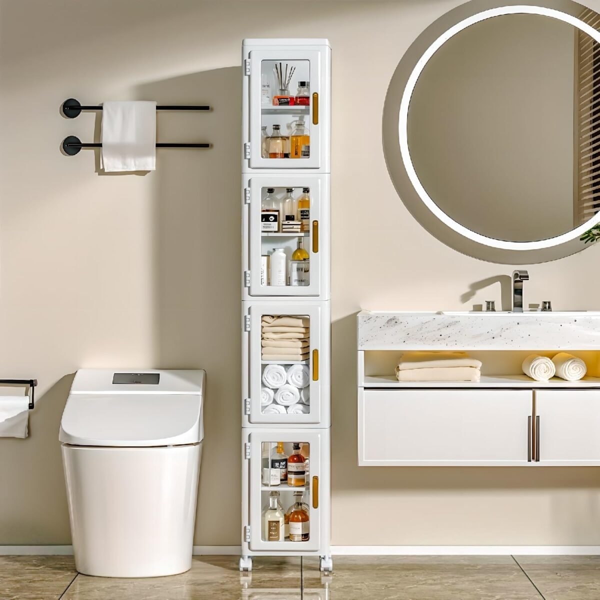 VECELO 4 Tier Tall Plastic Slim Storage Cabinet with Lockable Wheels, Adjustable Shelves, Anti-Tip for Bathroom, Living Room, Laundry Room, Kitchen, Narrow/Small Space, Easy Assembly, Clear - Image 3