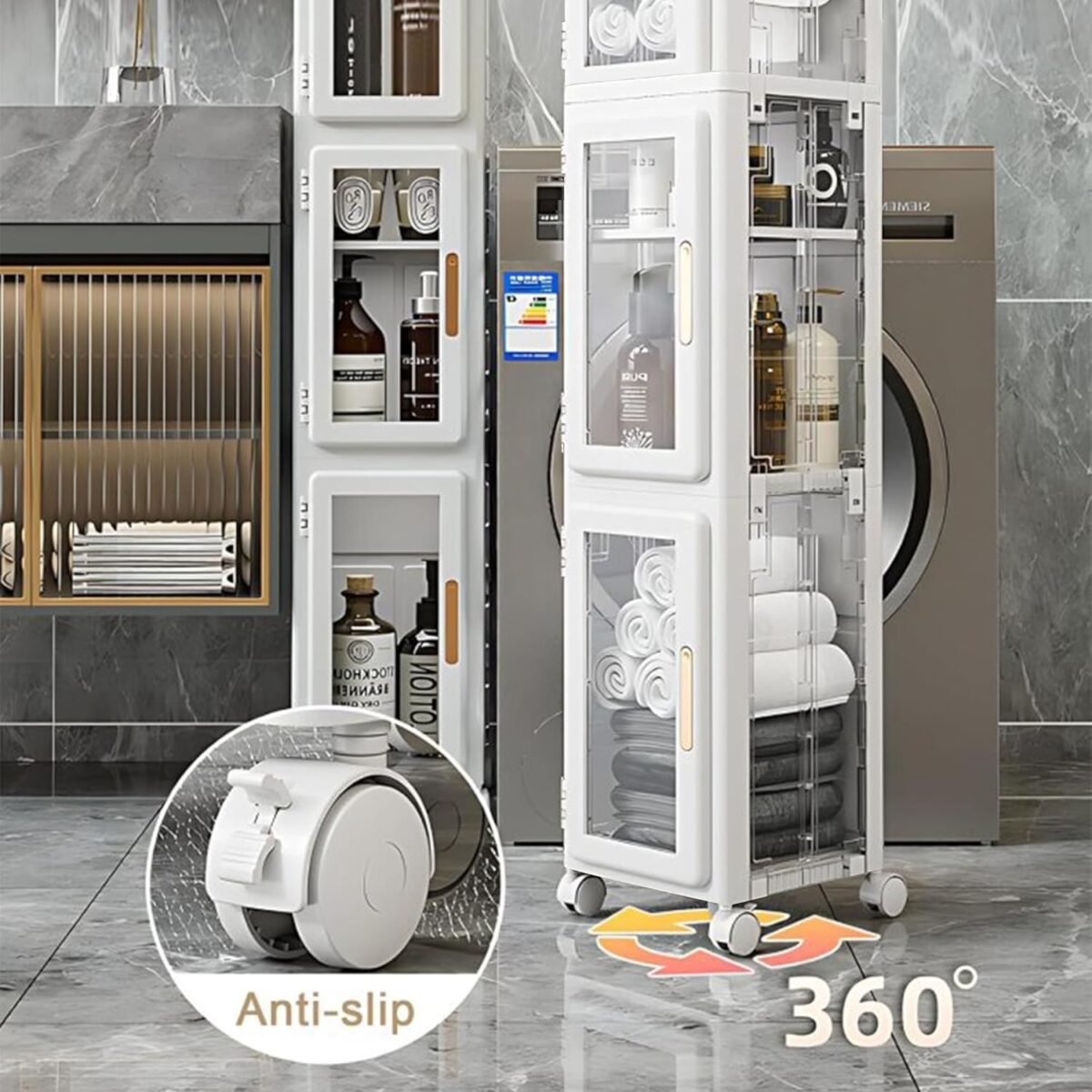 VECELO 4 Tier Tall Plastic Slim Storage Cabinet with Lockable Wheels, Adjustable Shelves, Anti-Tip for Bathroom, Living Room, Laundry Room, Kitchen, Narrow/Small Space, Easy Assembly, Clear - Image 7