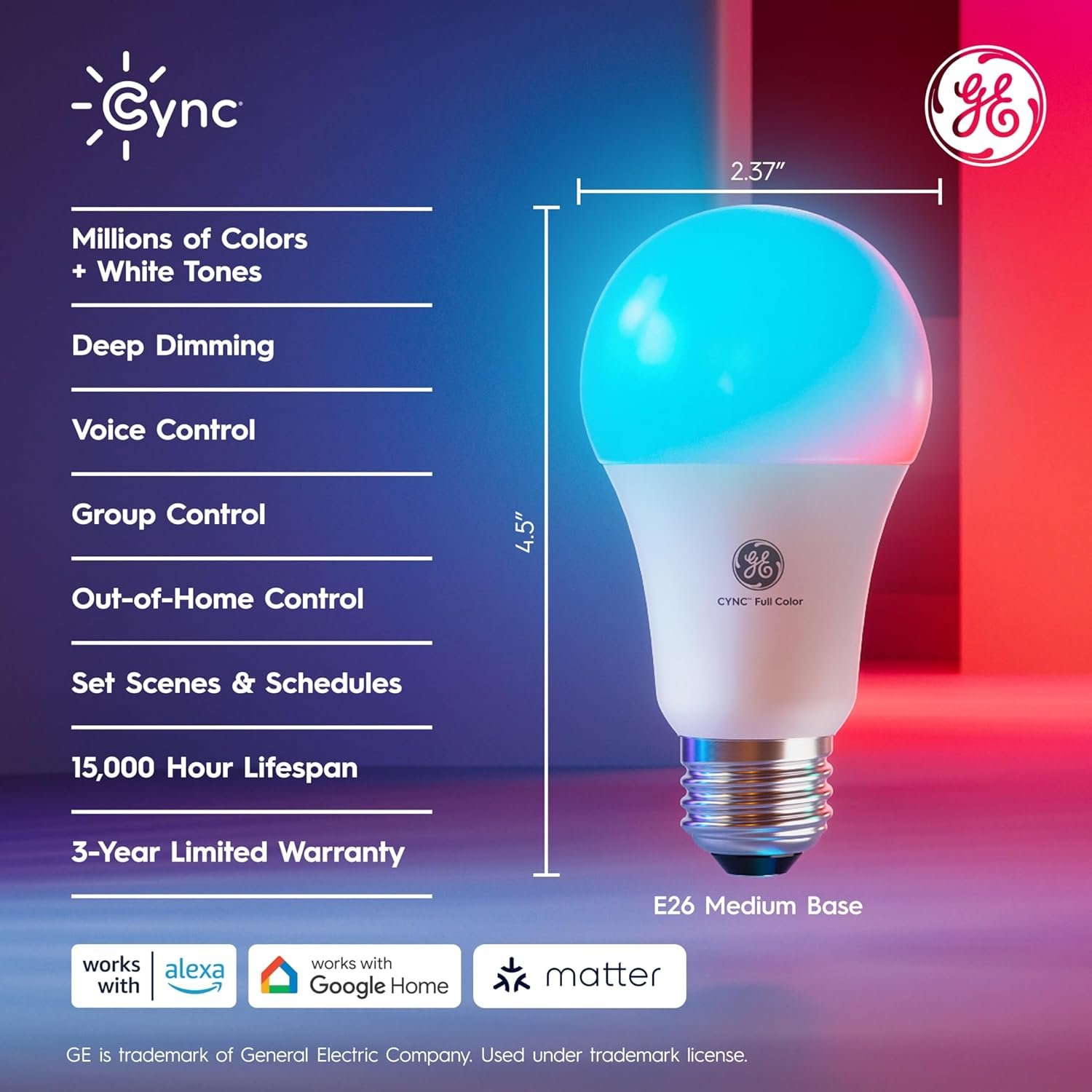 Cync GE A19 Smart LED Light Bulbs, Room Decor Aesthetic Color Changing WiFi Lights, LED Indoor Light Bulb, Compatible with Alexa and Google (2 Pack) - Image 3