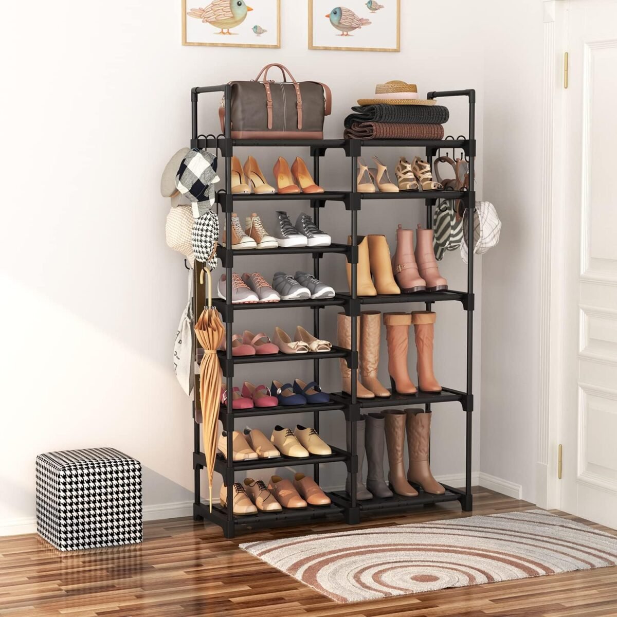 ROJASOP Shoe Rack Organizer, 8-Tier Metal Shoe Rack for Closet Entryway Garage, 26-32 Pairs Tall Shoe Boot Storage Shelf with 15 Hooks, Stackable Large Shoe Stand - Image 3