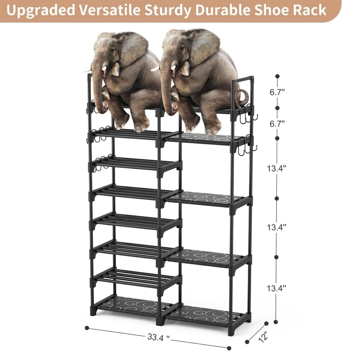 ROJASOP Shoe Rack Organizer, 8-Tier Metal Shoe Rack for Closet Entryway Garage, 26-32 Pairs Tall Shoe Boot Storage Shelf with 15 Hooks, Stackable Large Shoe Stand - Image 4