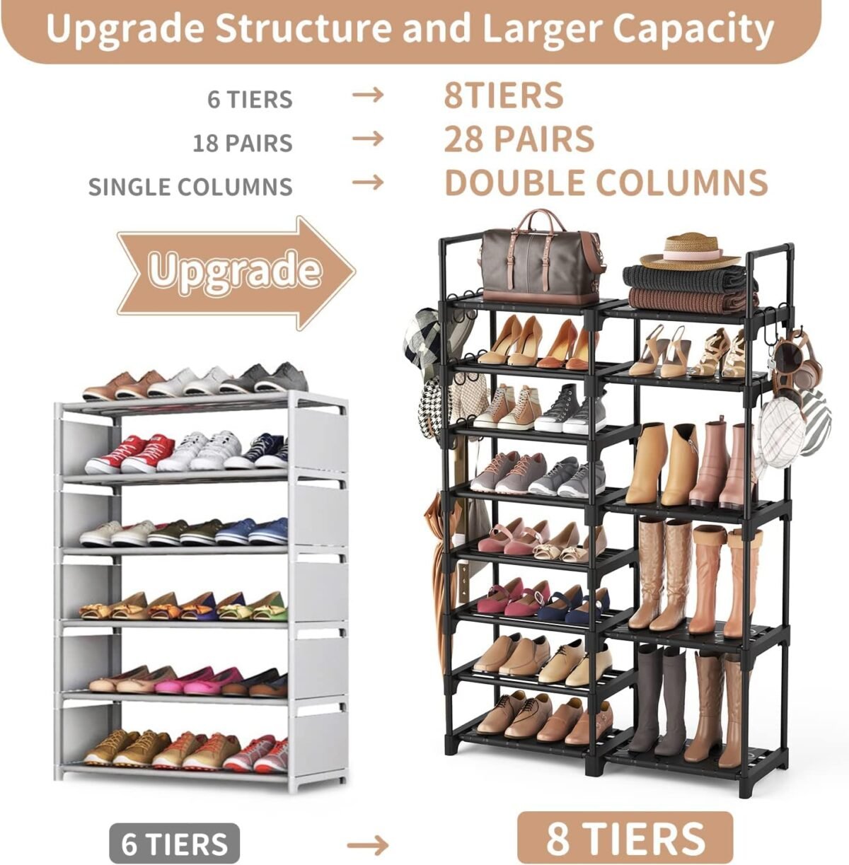 ROJASOP Shoe Rack Organizer, 8-Tier Metal Shoe Rack for Closet Entryway Garage, 26-32 Pairs Tall Shoe Boot Storage Shelf with 15 Hooks, Stackable Large Shoe Stand - Image 5