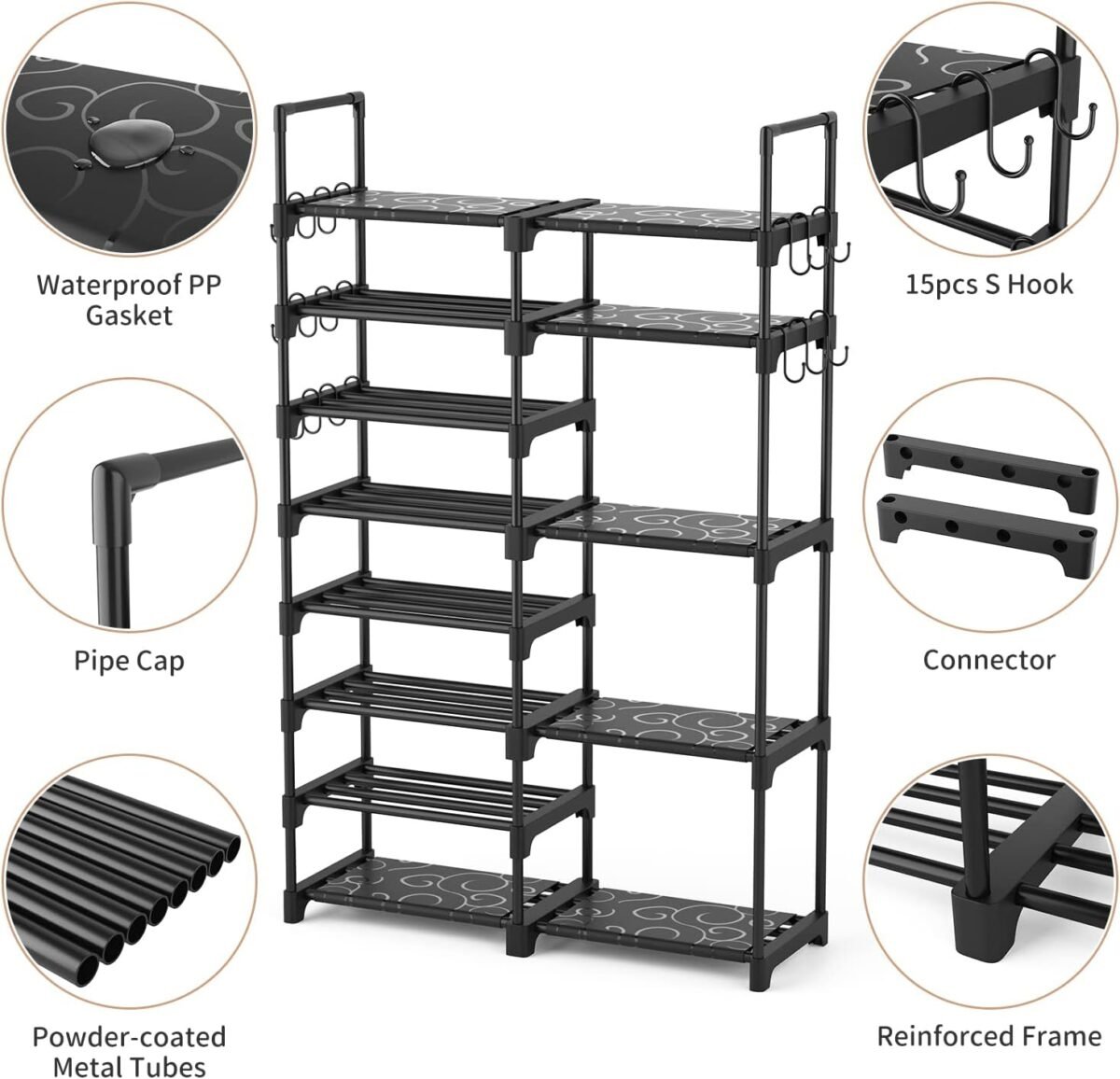 ROJASOP Shoe Rack Organizer, 8-Tier Metal Shoe Rack for Closet Entryway Garage, 26-32 Pairs Tall Shoe Boot Storage Shelf with 15 Hooks, Stackable Large Shoe Stand - Image 6