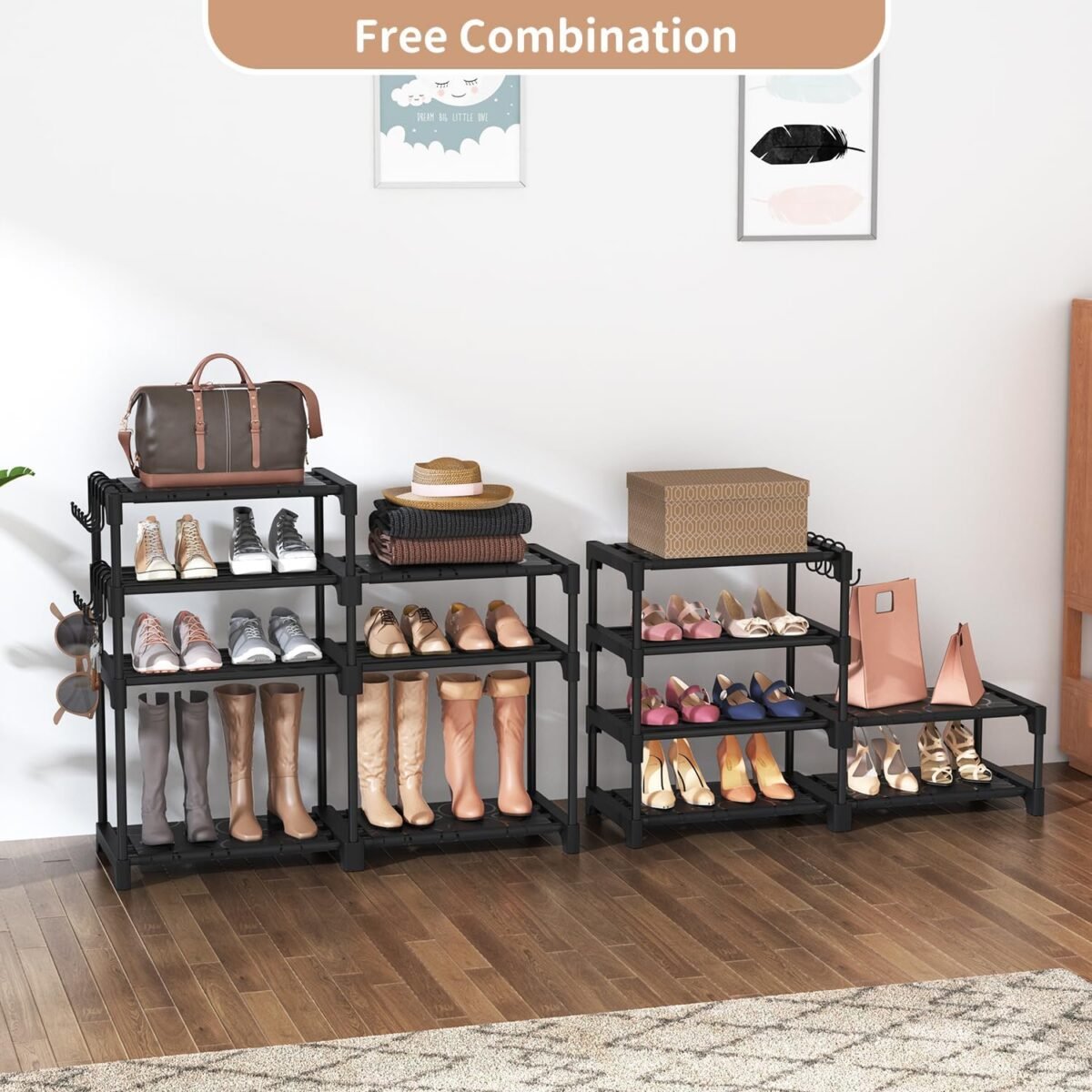 ROJASOP Shoe Rack Organizer, 8-Tier Metal Shoe Rack for Closet Entryway Garage, 26-32 Pairs Tall Shoe Boot Storage Shelf with 15 Hooks, Stackable Large Shoe Stand - Image 7