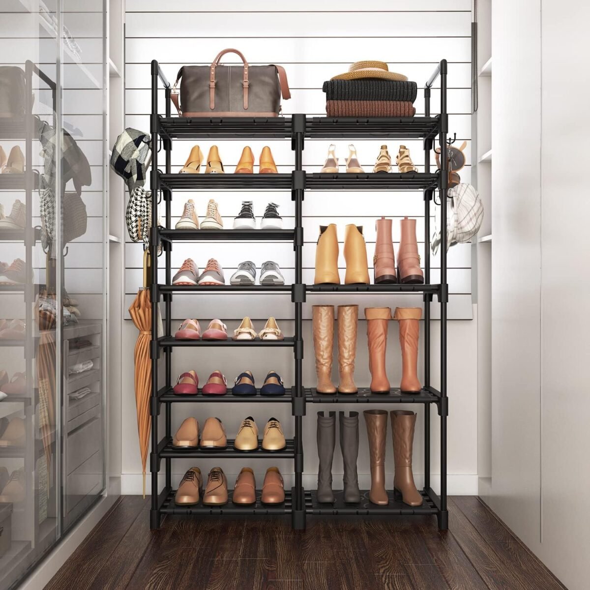 ROJASOP Shoe Rack Organizer, 8-Tier Metal Shoe Rack for Closet Entryway Garage, 26-32 Pairs Tall Shoe Boot Storage Shelf with 15 Hooks, Stackable Large Shoe Stand - Image 8
