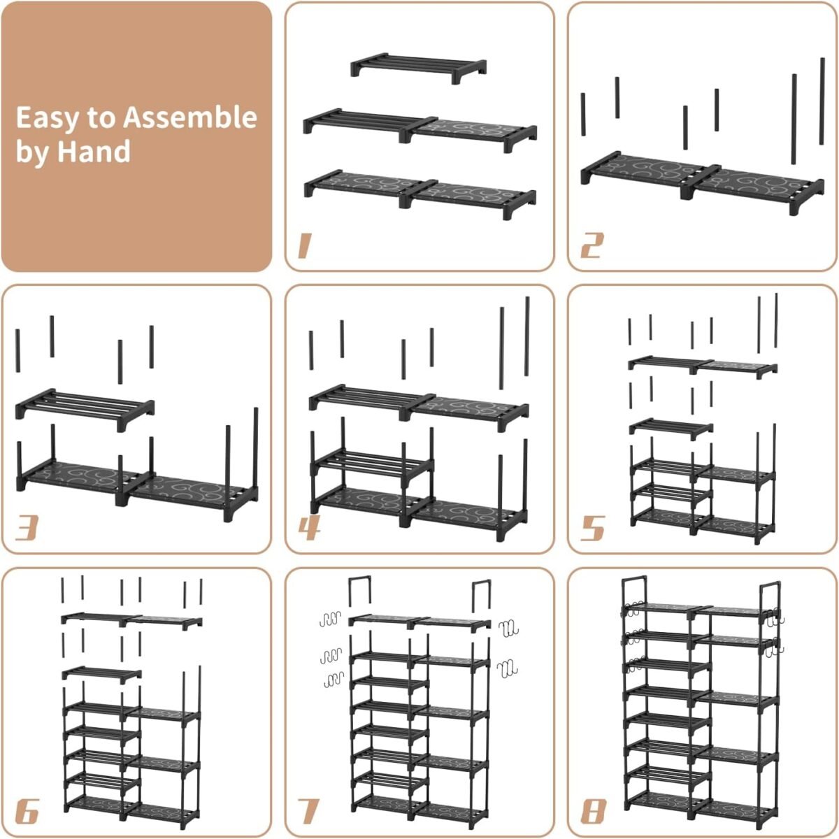 ROJASOP Shoe Rack Organizer, 8-Tier Metal Shoe Rack for Closet Entryway Garage, 26-32 Pairs Tall Shoe Boot Storage Shelf with 15 Hooks, Stackable Large Shoe Stand - Image 9