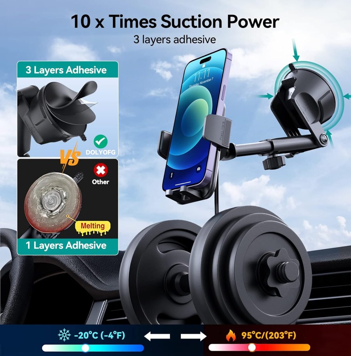 Car Phone Holder Mount, [Military-Grade Suction & Super Sturdy Base] 3 in 1 Universal Phone Mount for Car Dashboard Windshield Air Vent Car Mount for iPhone Android Smartphone GPS Navigator - Image 3