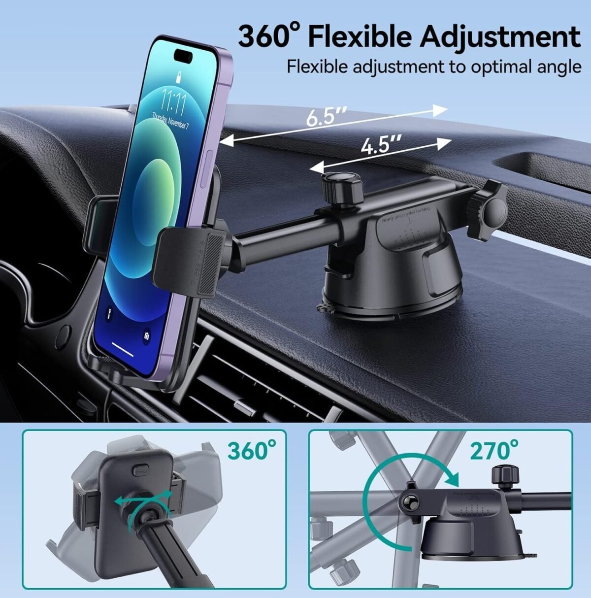 Car Phone Holder Mount, [Military-Grade Suction & Super Sturdy Base] 3 in 1 Universal Phone Mount for Car Dashboard Windshield Air Vent Car Mount for iPhone Android Smartphone GPS Navigator - Image 4