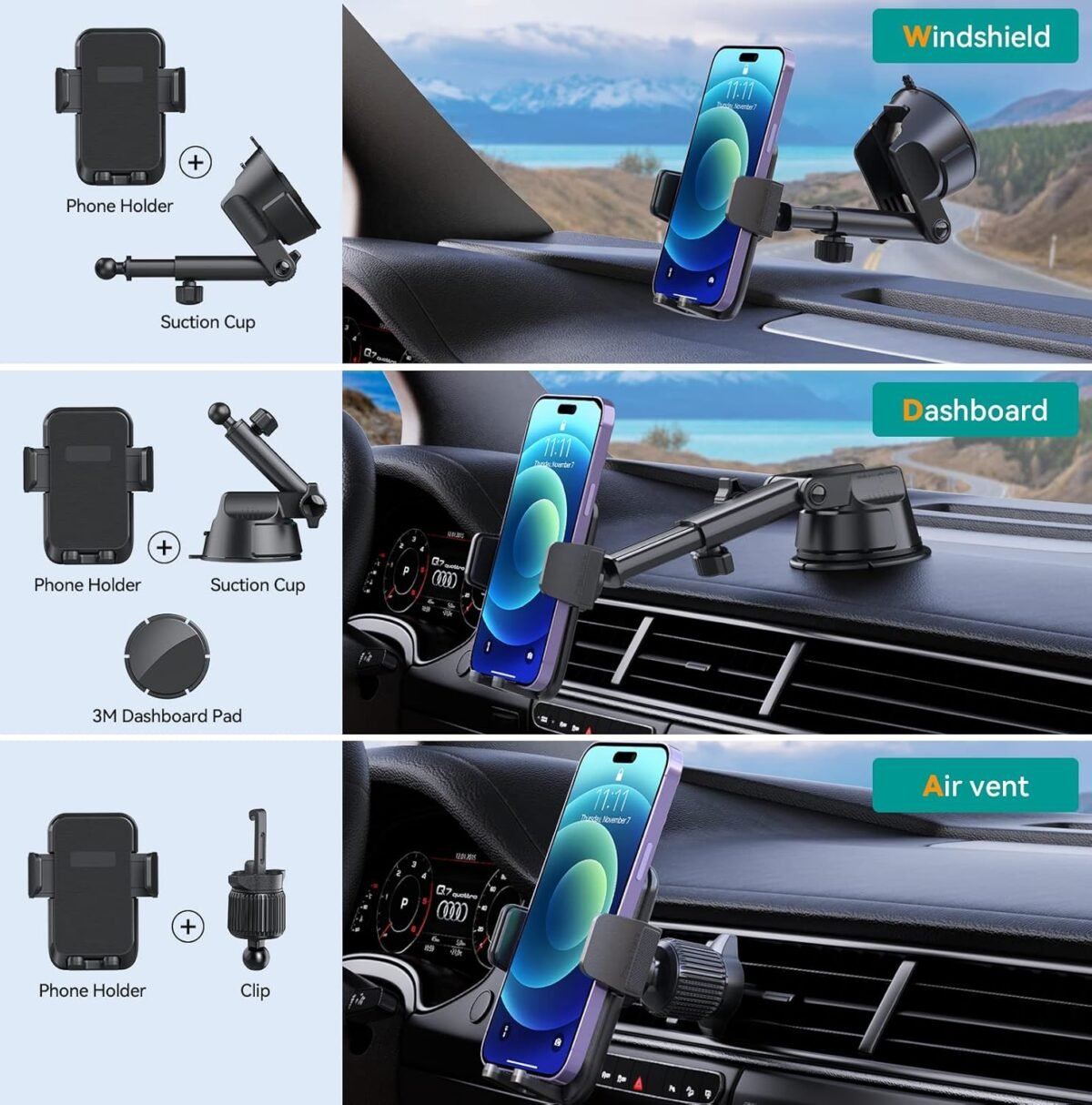 Car Phone Holder Mount, [Military-Grade Suction & Super Sturdy Base] 3 in 1 Universal Phone Mount for Car Dashboard Windshield Air Vent Car Mount for iPhone Android Smartphone GPS Navigator - Image 5