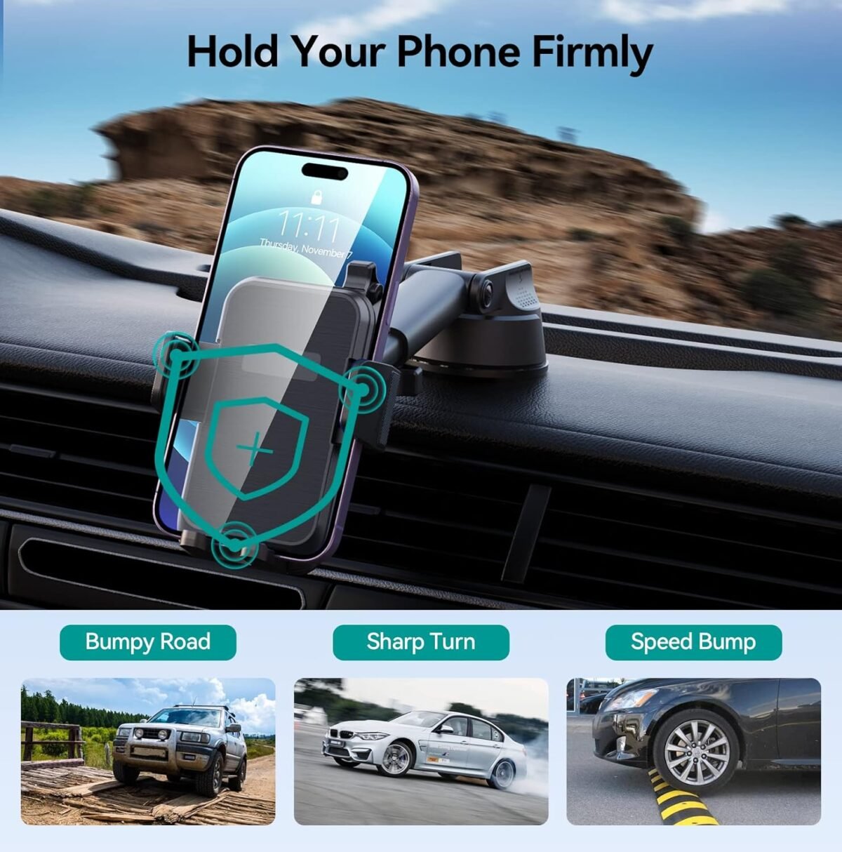 Car Phone Holder Mount, [Military-Grade Suction & Super Sturdy Base] 3 in 1 Universal Phone Mount for Car Dashboard Windshield Air Vent Car Mount for iPhone Android Smartphone GPS Navigator - Image 8