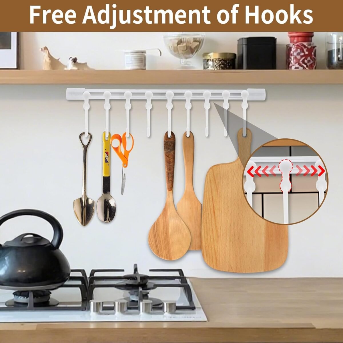 Kitchen Utensil Hanging Rrack - Hooks for Kitchen Utensils, No Drilling Wall Mounted Utensil Holder, Kitchen Rail Rack with 10 Hooks Hanger for Kitchen Bathroom (Pack of 2) - Image 3