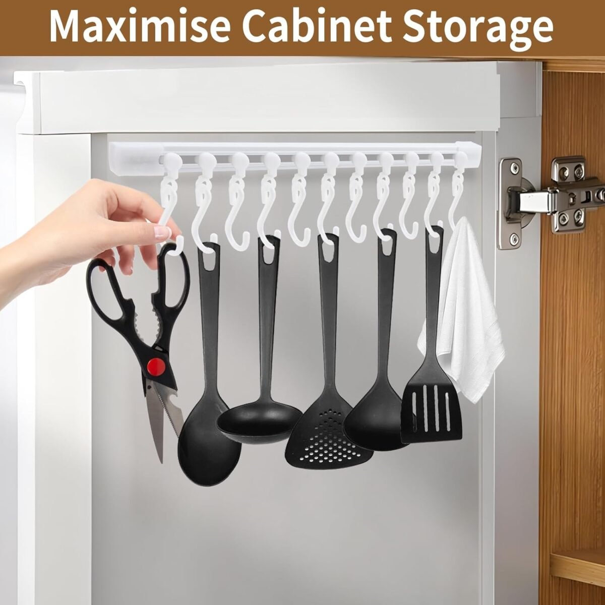 Kitchen Utensil Hanging Rrack - Hooks for Kitchen Utensils, No Drilling Wall Mounted Utensil Holder, Kitchen Rail Rack with 10 Hooks Hanger for Kitchen Bathroom (Pack of 2) - Image 4