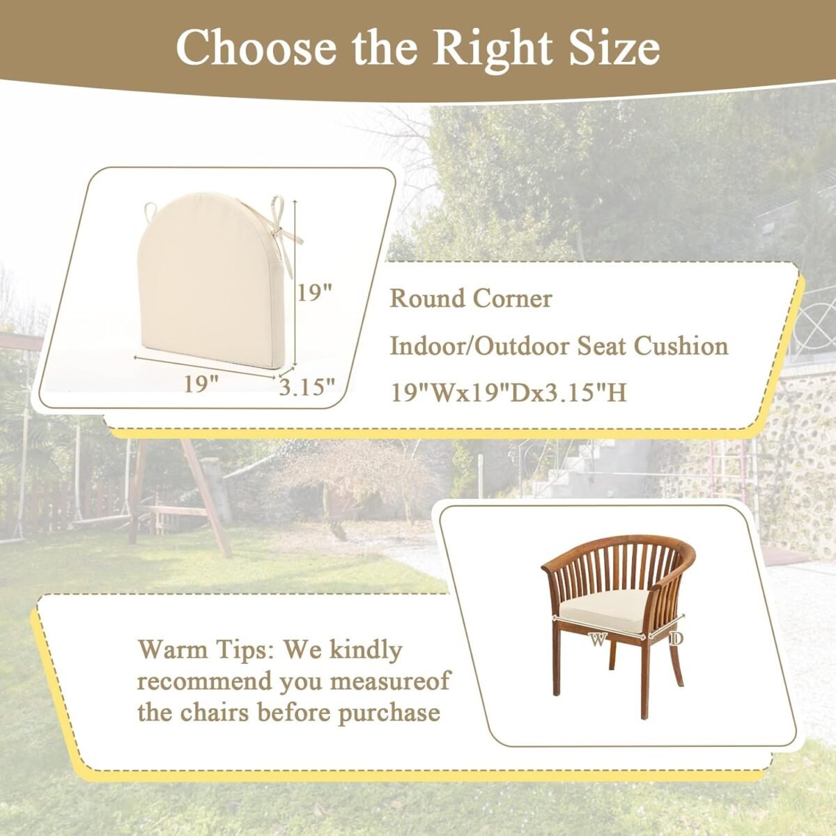 U'Artlines Outdoor Chair Cushions Set of 2, Waterproof Round Corner Seat Cushions, Patio Chair Cushions for Outdoor Furniture,Seat Cushions with Ties for Patio Garden Dining 19"x19"x3.15", Cream - Image 3