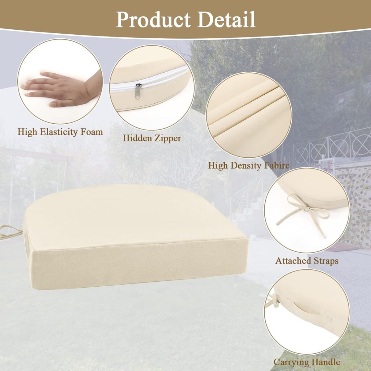 U'Artlines Outdoor Chair Cushions Set of 2, Waterproof Round Corner Seat Cushions, Patio Chair Cushions for Outdoor Furniture,Seat Cushions with Ties for Patio Garden Dining 19"x19"x3.15", Cream - Image 4