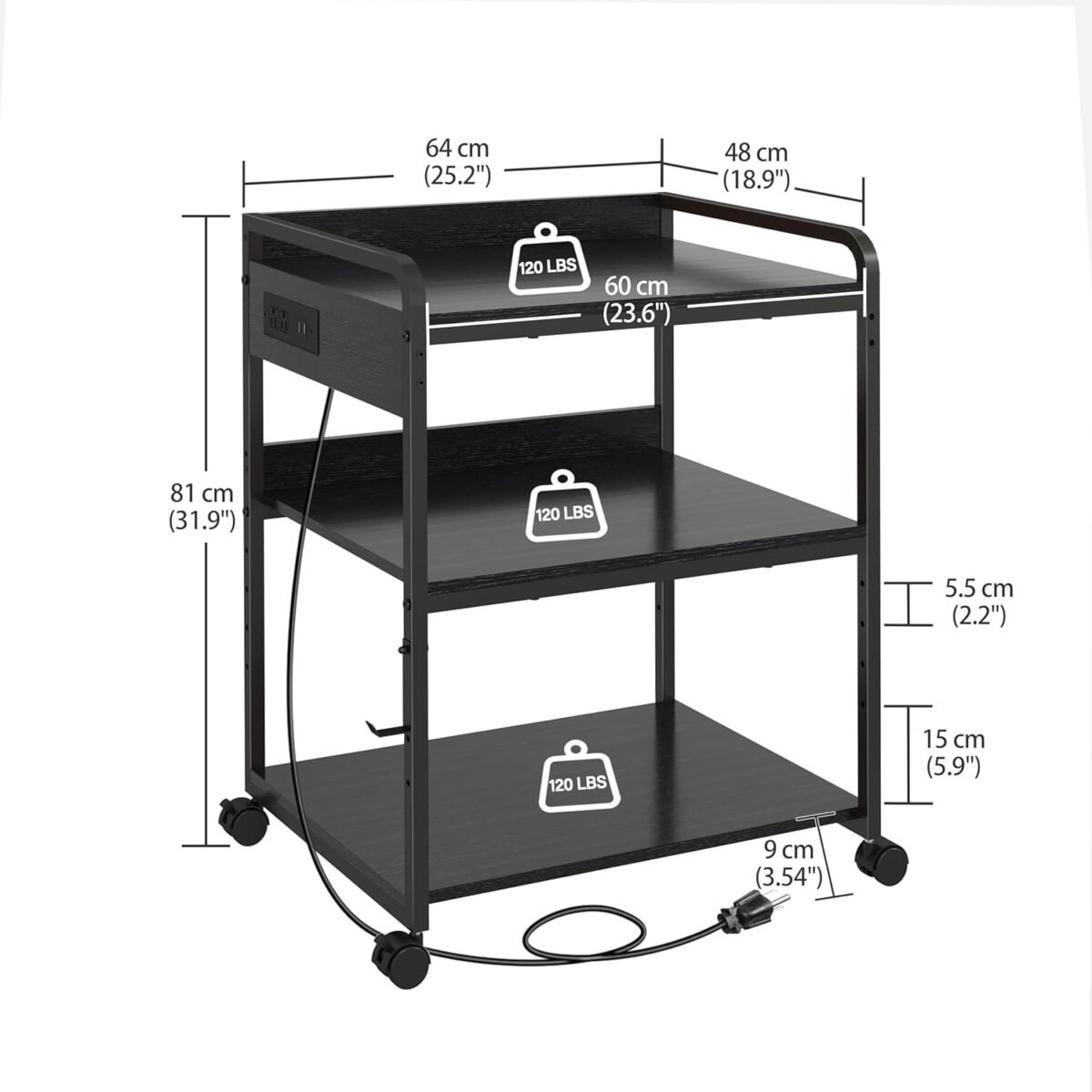 Printer Stands with Charging Station, 25.2 x 18.9 Inch Large Printer Stand with Wheels for Home Office, 3 Tier Printer Table with Power Outlet USB Port, Printer Shredder Stand, Black - Image 3