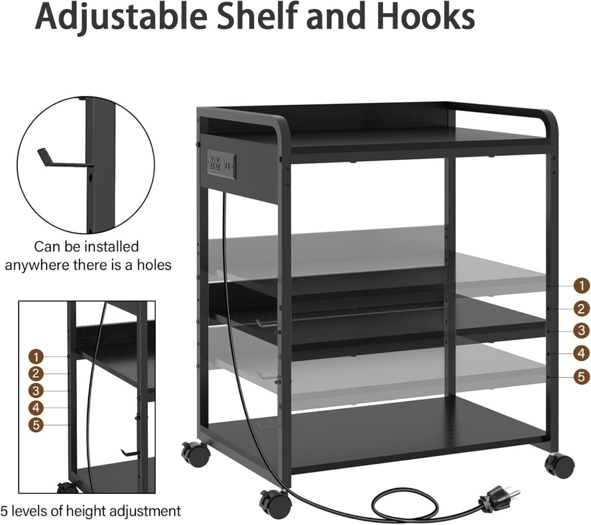 Printer Stands with Charging Station, 25.2 x 18.9 Inch Large Printer Stand with Wheels for Home Office, 3 Tier Printer Table with Power Outlet USB Port, Printer Shredder Stand, Black - Image 4