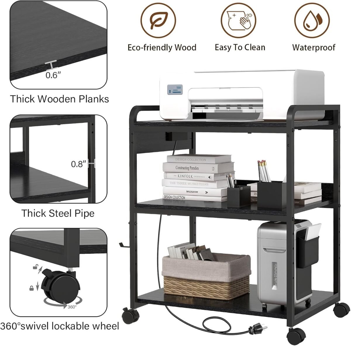 Printer Stands with Charging Station, 25.2 x 18.9 Inch Large Printer Stand with Wheels for Home Office, 3 Tier Printer Table with Power Outlet USB Port, Printer Shredder Stand, Black - Image 6