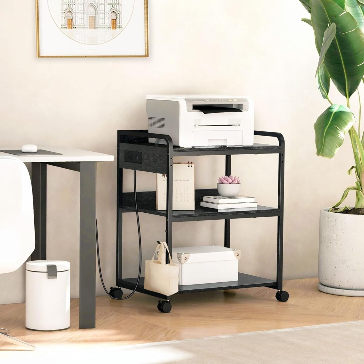 Printer Stands with Charging Station, 25.2 x 18.9 Inch Large Printer Stand with Wheels for Home Office, 3 Tier Printer Table with Power Outlet USB Port, Printer Shredder Stand, Black - Image 7