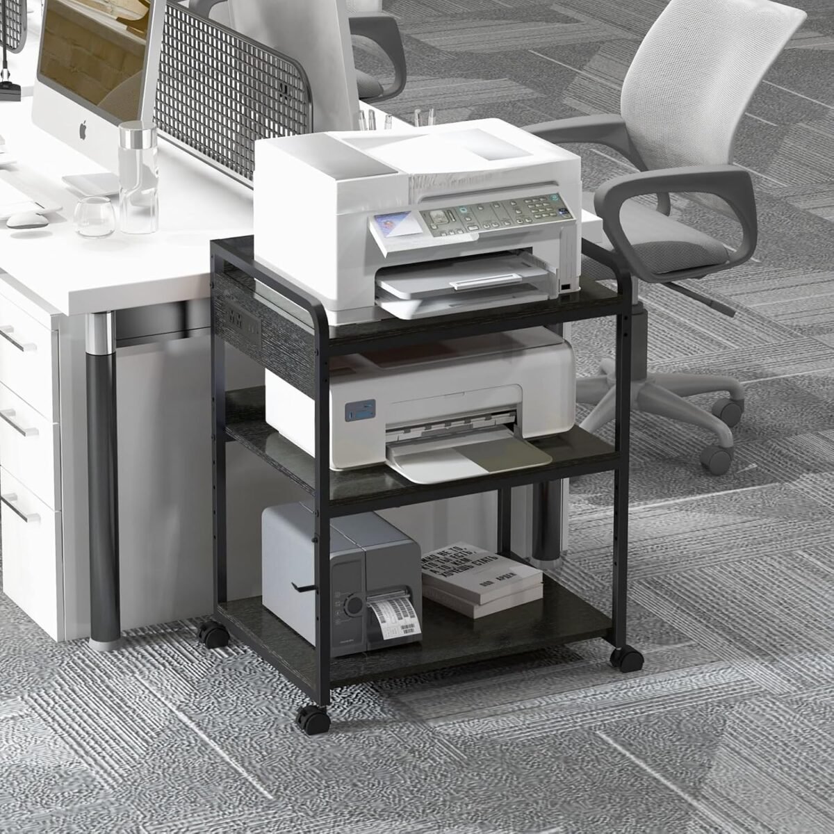 Printer Stands with Charging Station, 25.2 x 18.9 Inch Large Printer Stand with Wheels for Home Office, 3 Tier Printer Table with Power Outlet USB Port, Printer Shredder Stand, Black - Image 9