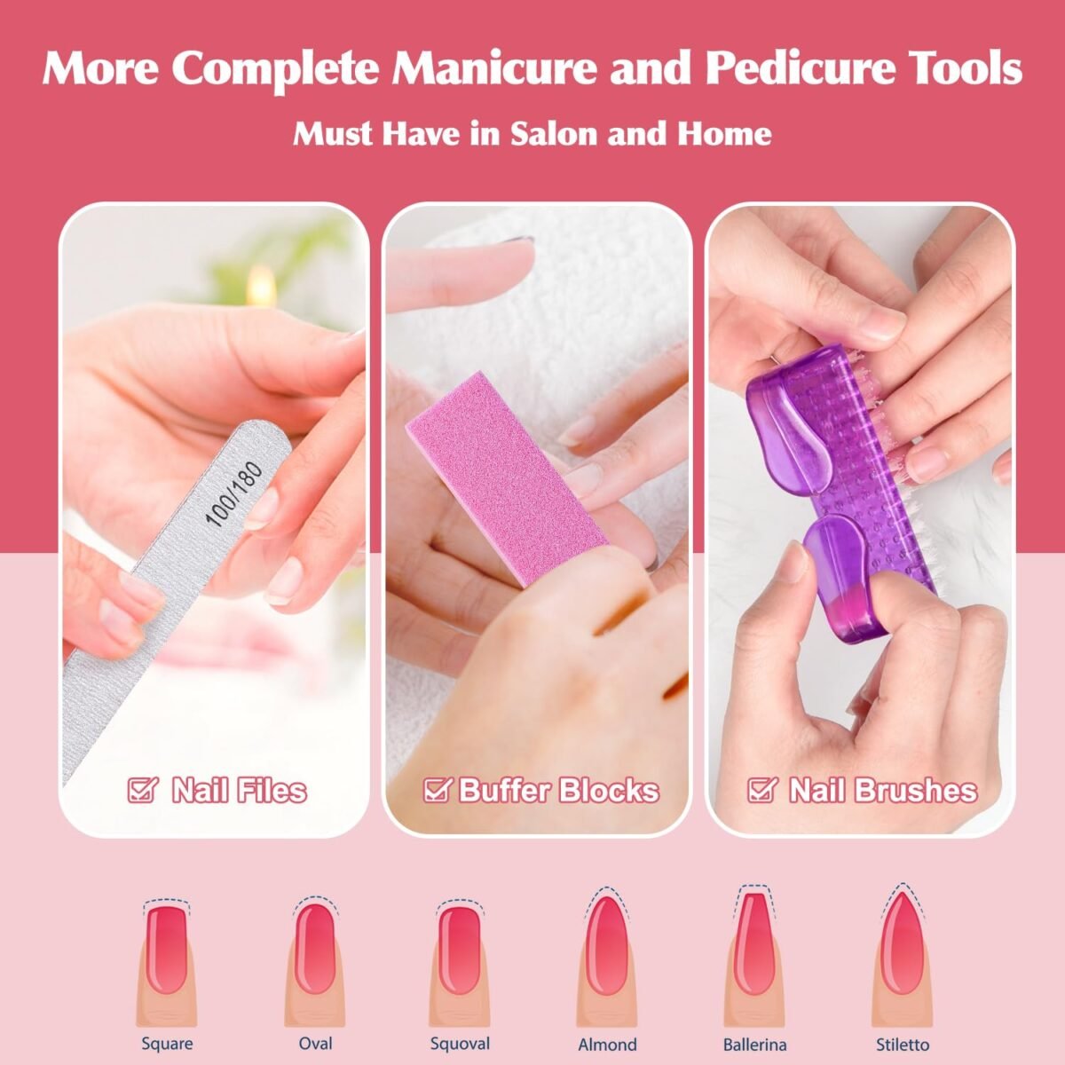 MORGLES Nail Files and Buffers, Natural and Acrylic Nail Care Kit, 6 Pcs 100/180 Grit File, 6 Pcs Rectangular Buffer Blocks and 2 Brushes - Image 5