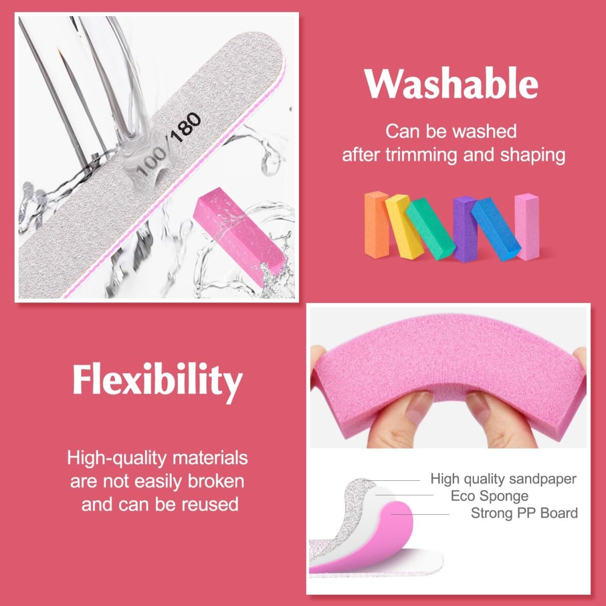 MORGLES Nail Files and Buffers, Natural and Acrylic Nail Care Kit, 6 Pcs 100/180 Grit File, 6 Pcs Rectangular Buffer Blocks and 2 Brushes - Image 6