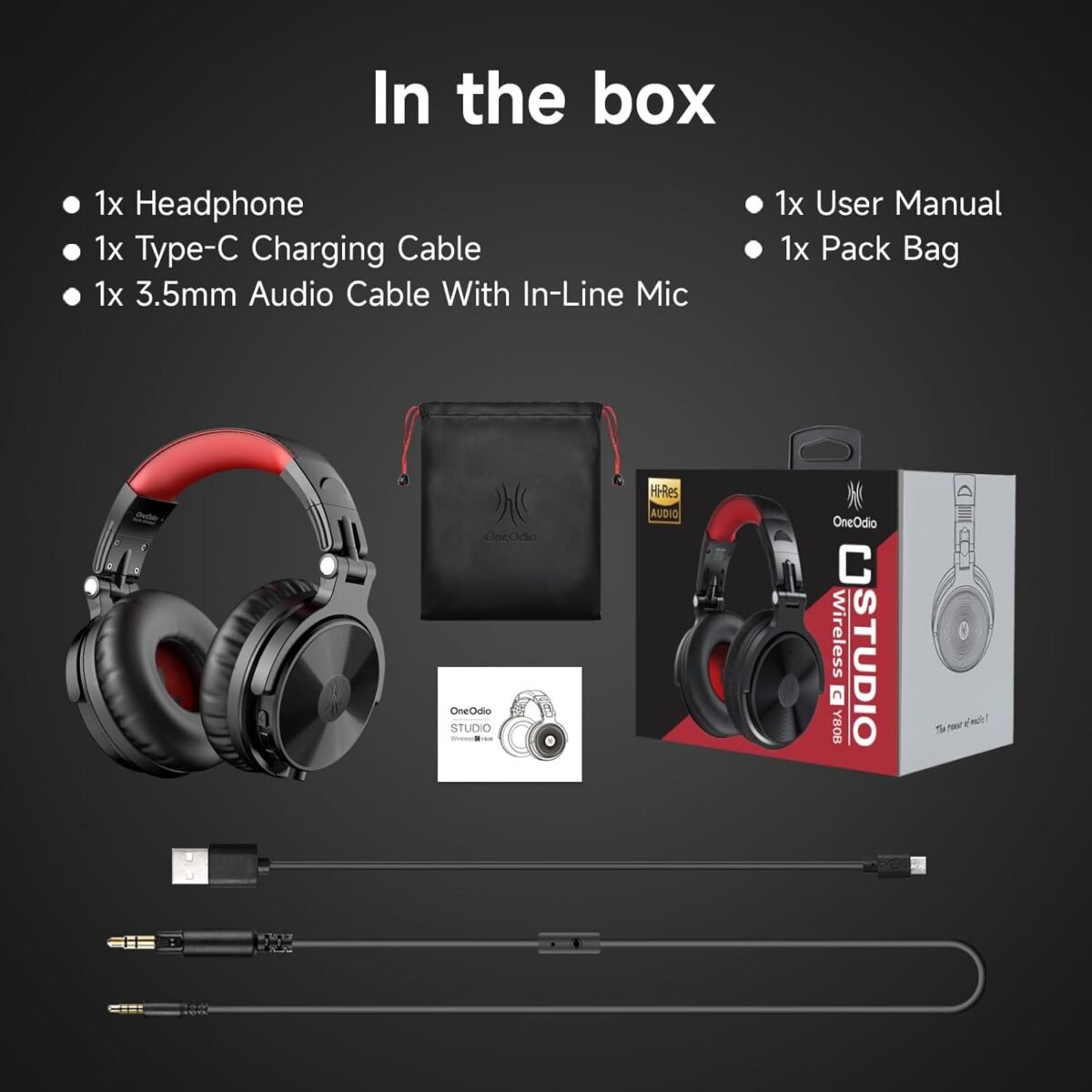 OneOdio Bluetooth Over Ear Headphones, 110 Hrs Wireless/Wired Stereo Sound Foldable Headsets with Deep Bass 50mm Neodymium Drivers for PC/Phone/Tablet - Studio Wireless Pro C, Red - Image 9