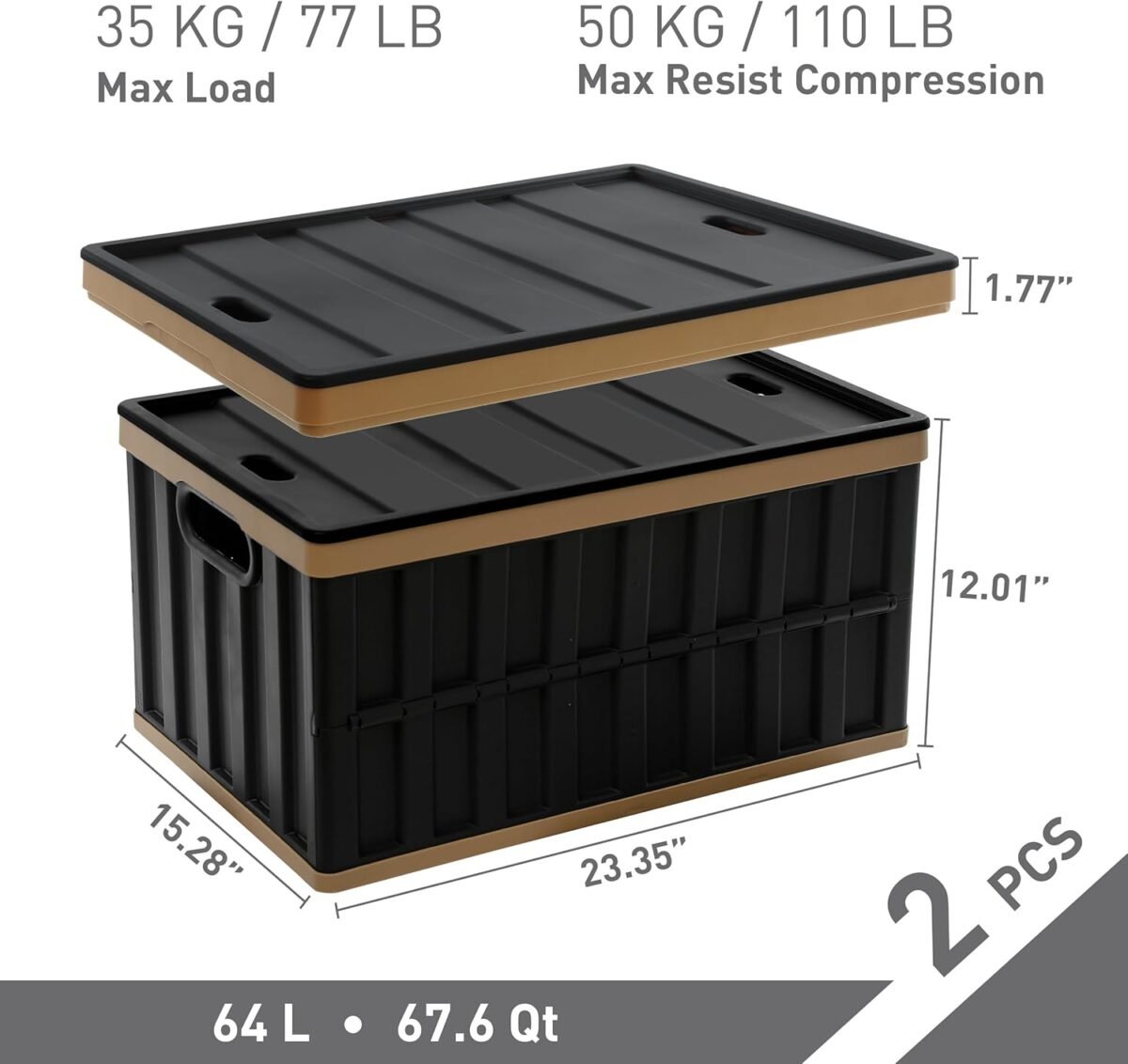 Citylife 64L Collapsible Storage Bins with Lids Plastic Storage Containers for Organizing Stackable Storage Box Large Heavy Duty Utility Crates, 2 Packs - Image 3