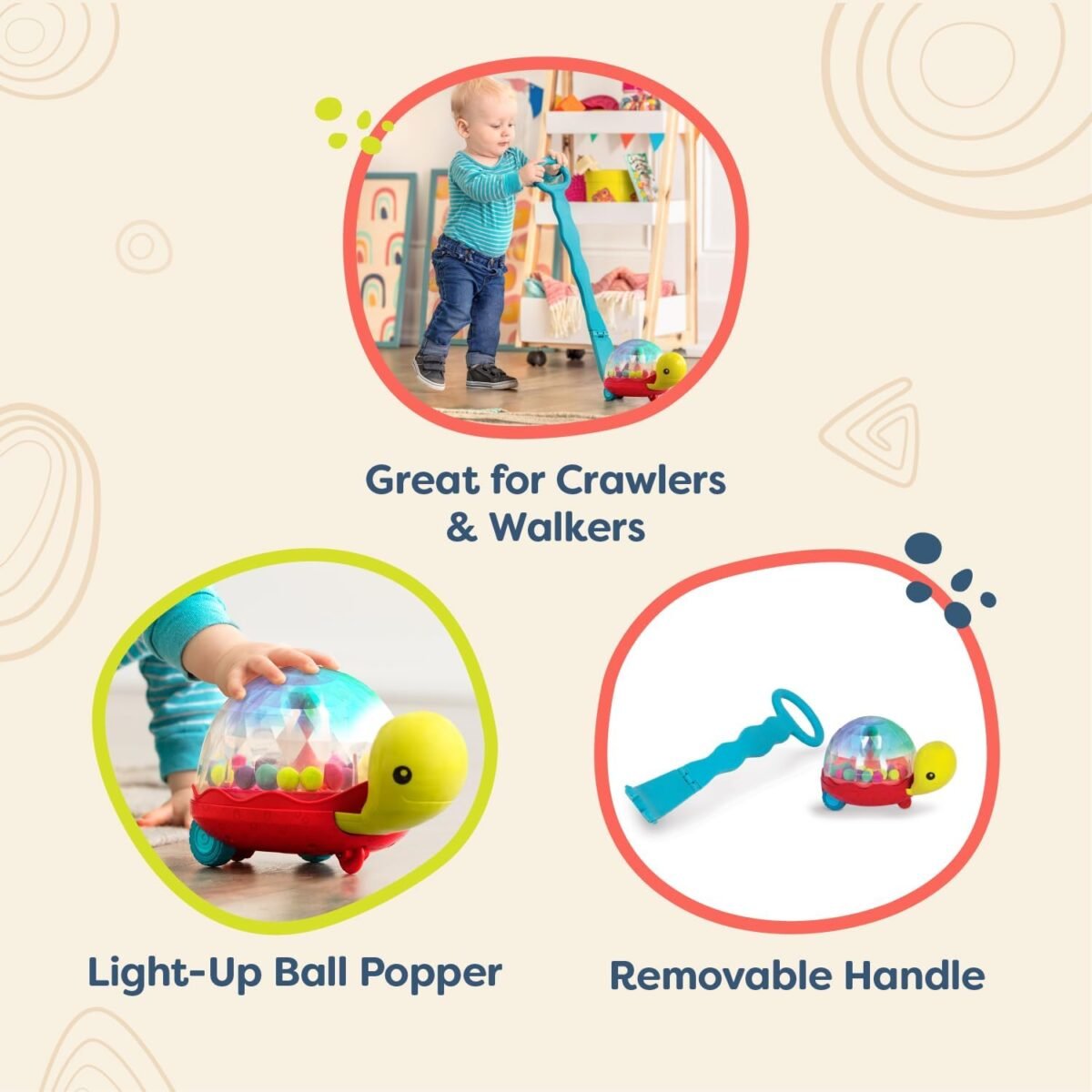 B. toys – Ball Popper & Walker – Push Toy for Baby, Toddler – Light – Up Turtle Toy for Crawling Or Walking – Removable Handle – 1 Year + – Walk ‘n’ POP! - Image 8