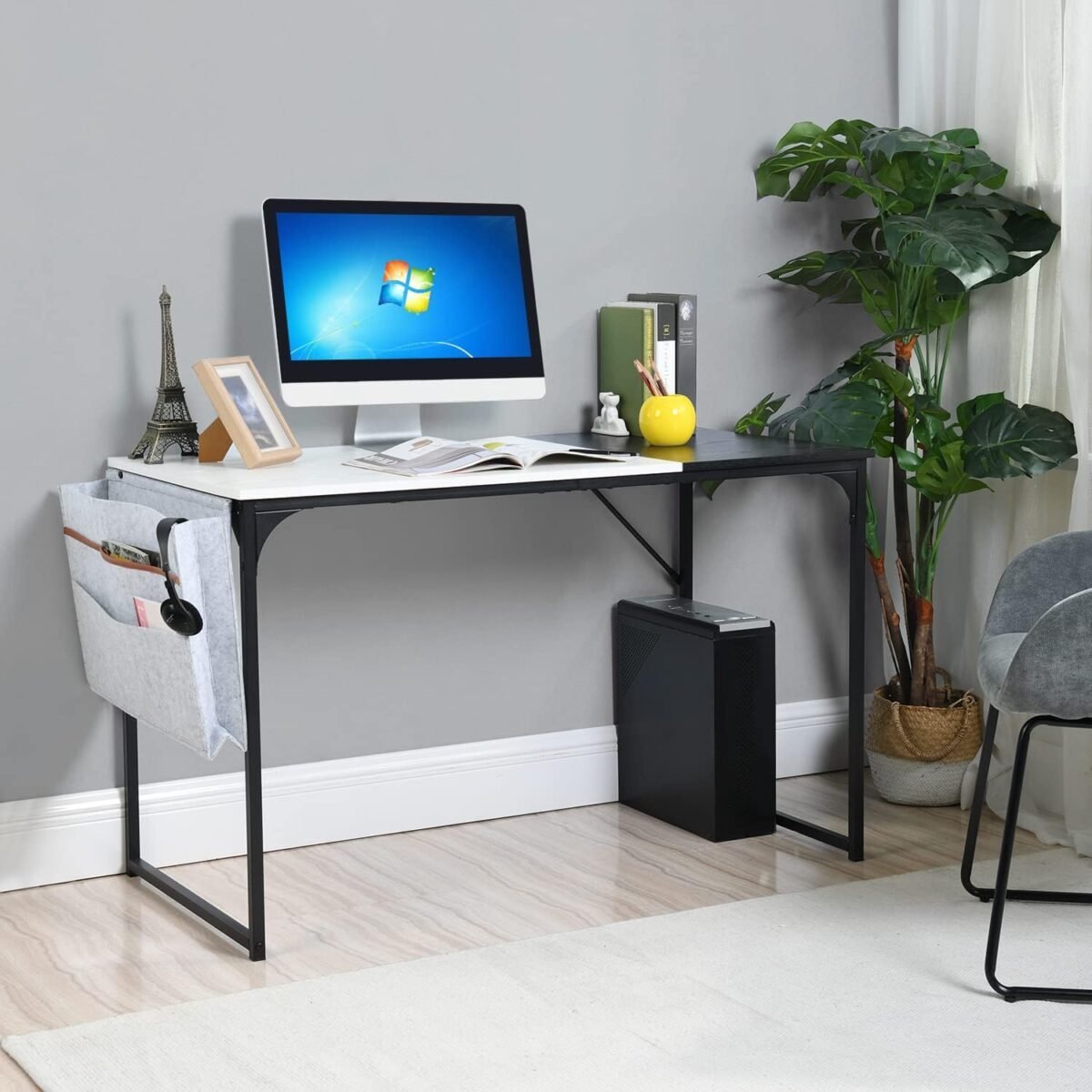 47 inch Study Storage Bag Space Saving for Home Office, Modern Simple Style PC Metal Frame Computer Desk, Writing Table, Black, White - Image 3
