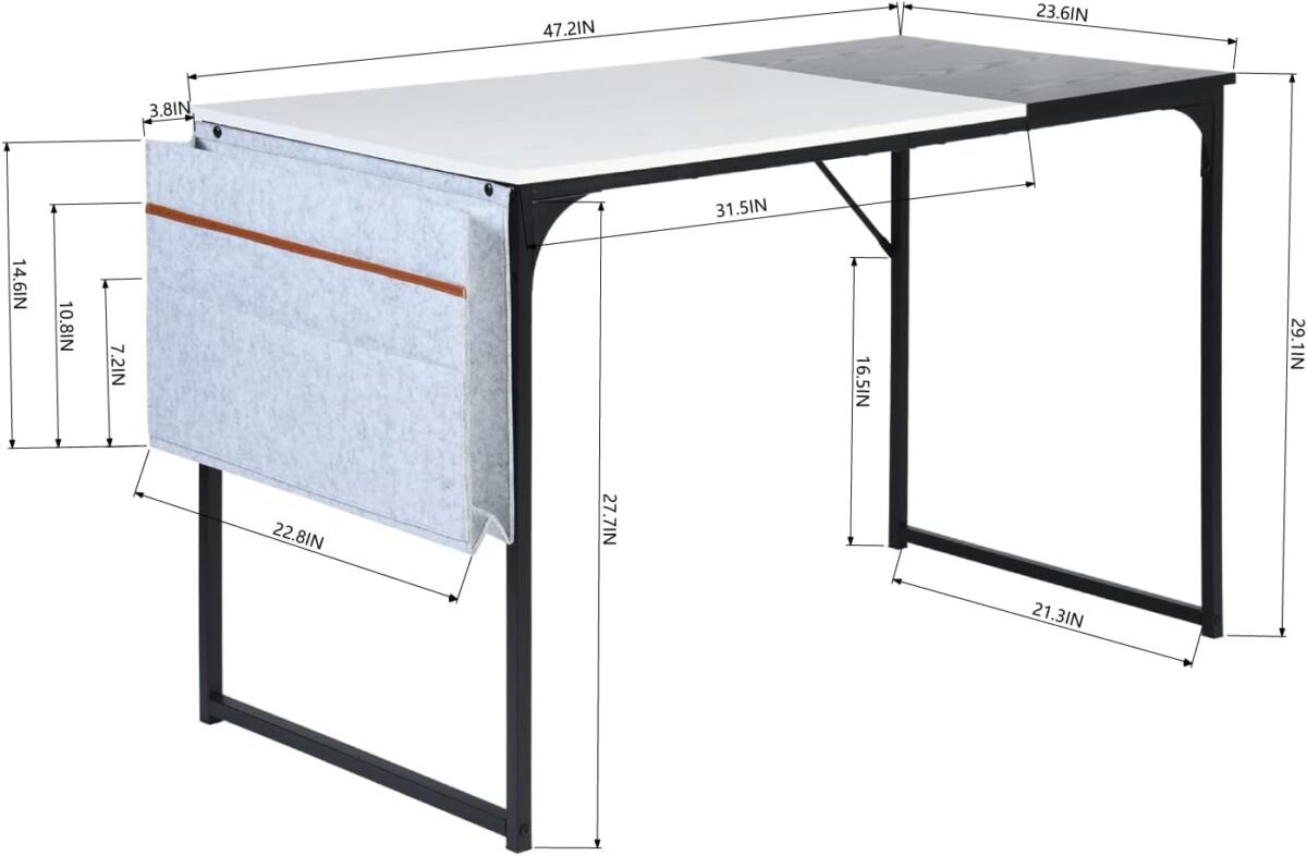 47 inch Study Storage Bag Space Saving for Home Office, Modern Simple Style PC Metal Frame Computer Desk, Writing Table, Black, White - Image 4