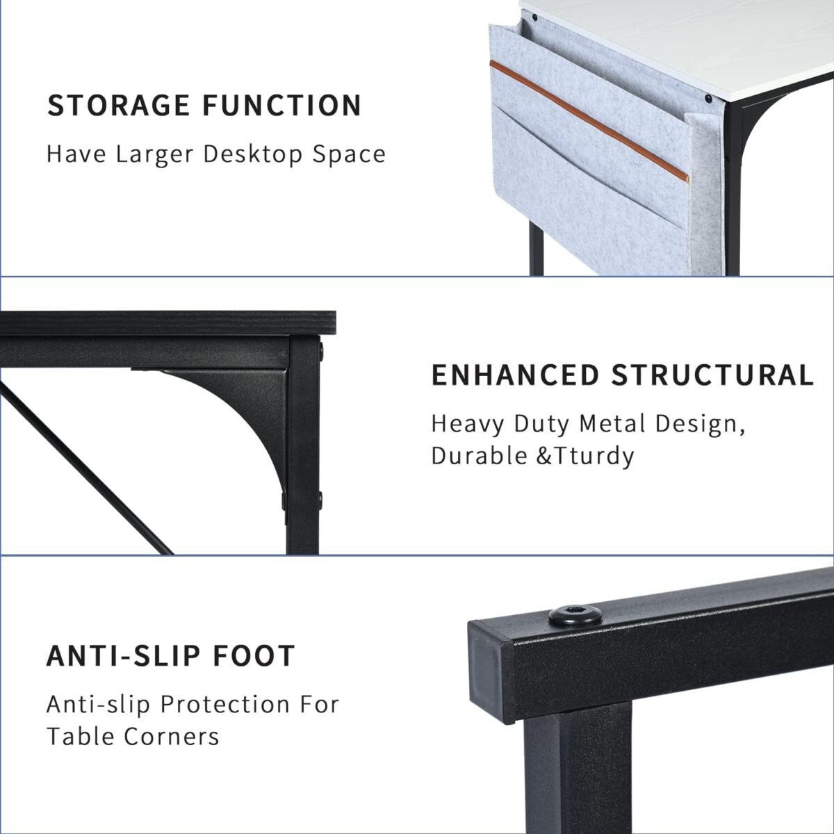 47 inch Study Storage Bag Space Saving for Home Office, Modern Simple Style PC Metal Frame Computer Desk, Writing Table, Black, White - Image 6
