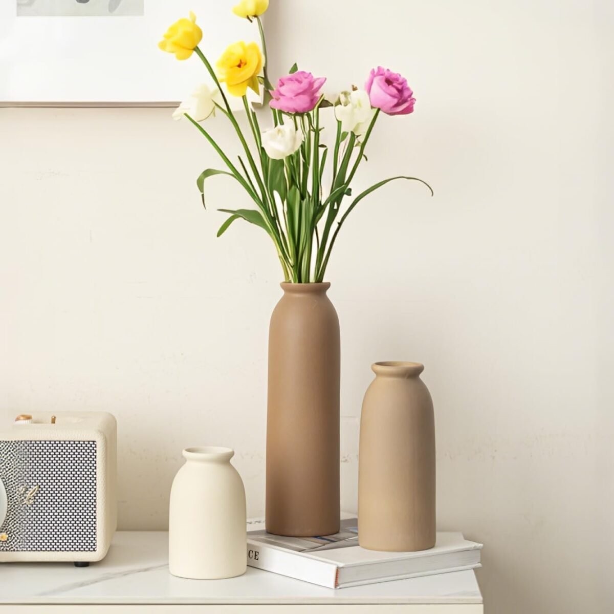 10.4 inches Tall Decorative Ceramic Vase Set, 3 Pieces, Nordic Modern Boho Style, White, Modern Farmhouse for Home Decor (Coffee Mix) - Image 3