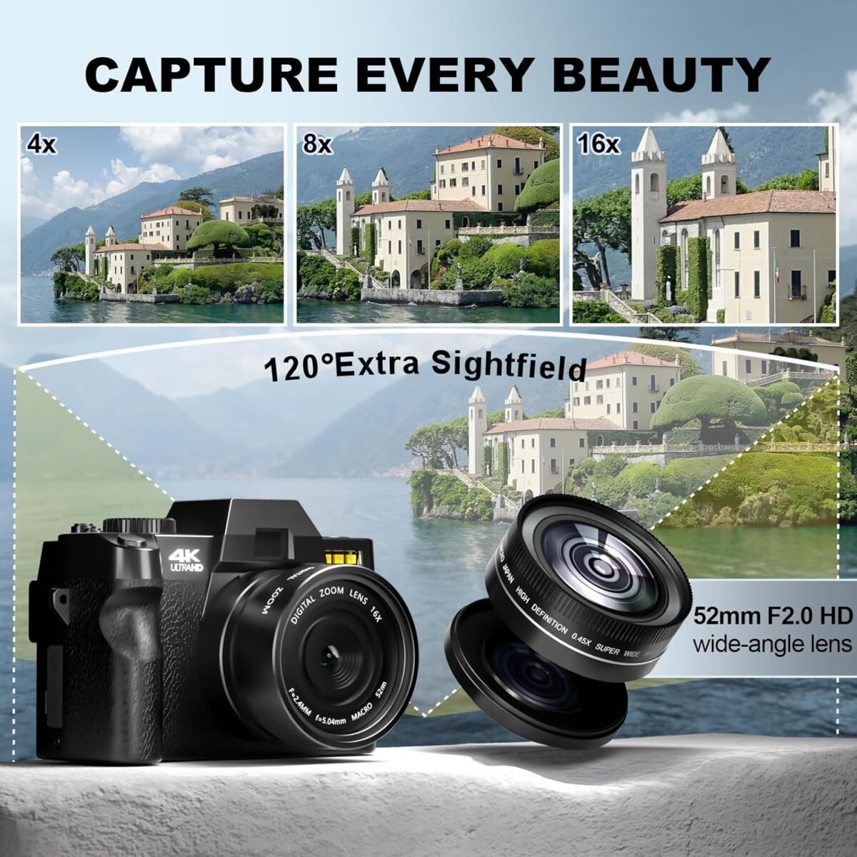 4K Digital Cameras for Photography 48MP/60FPS Video Vlogging Camera for YouTube with 3" 180° Flip Screen WiFi, 16X Digital Zoom Cameras with 32GB Micro Card Wide-Angle & Macro Lens (Black) - Image 3
