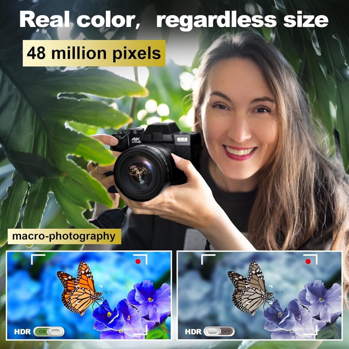 4K Digital Cameras for Photography 48MP/60FPS Video Vlogging Camera for YouTube with 3" 180° Flip Screen WiFi, 16X Digital Zoom Cameras with 32GB Micro Card Wide-Angle & Macro Lens (Black) - Image 4