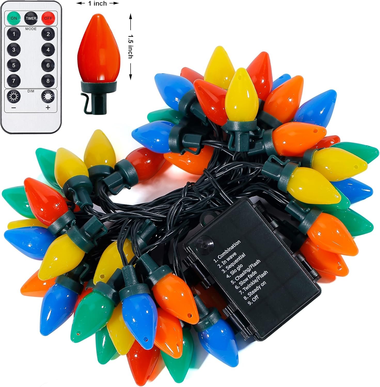 C7 Bulbs Christmas String Lights with Remote - 50 LED 26ft Battery String Lights - Fairy Christmas Lighting for Outdoor Yard Wreath House Party Xmas Tree Christmas Decorations - Multi Color - Image 8